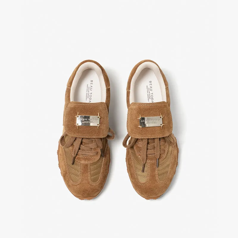 BeauToday Retro Neutral Tennis Trainers Stylish Suede Sneakers Flats for Women