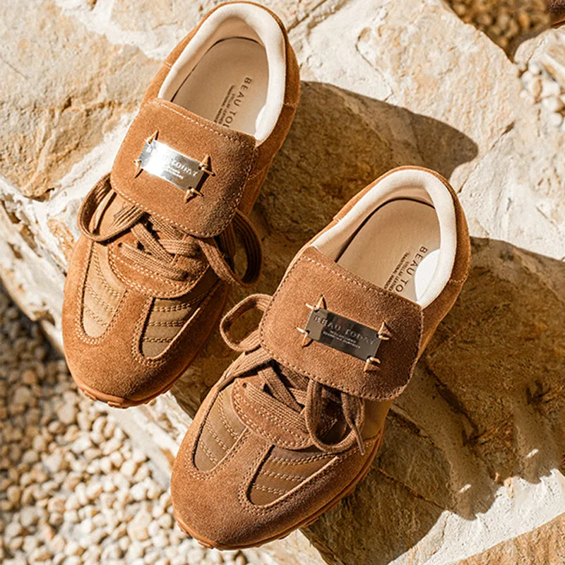 BeauToday Retro Neutral Tennis Trainers Stylish Suede Sneakers Flats for Women