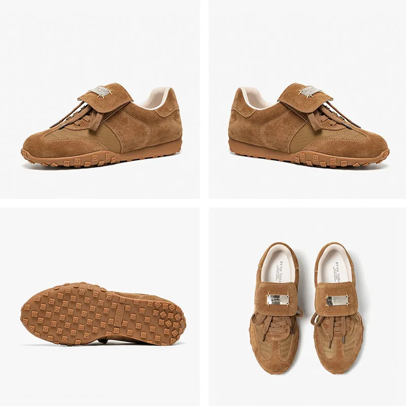 BeauToday Retro Neutral Tennis Trainers Stylish Suede Sneakers Flats for Women