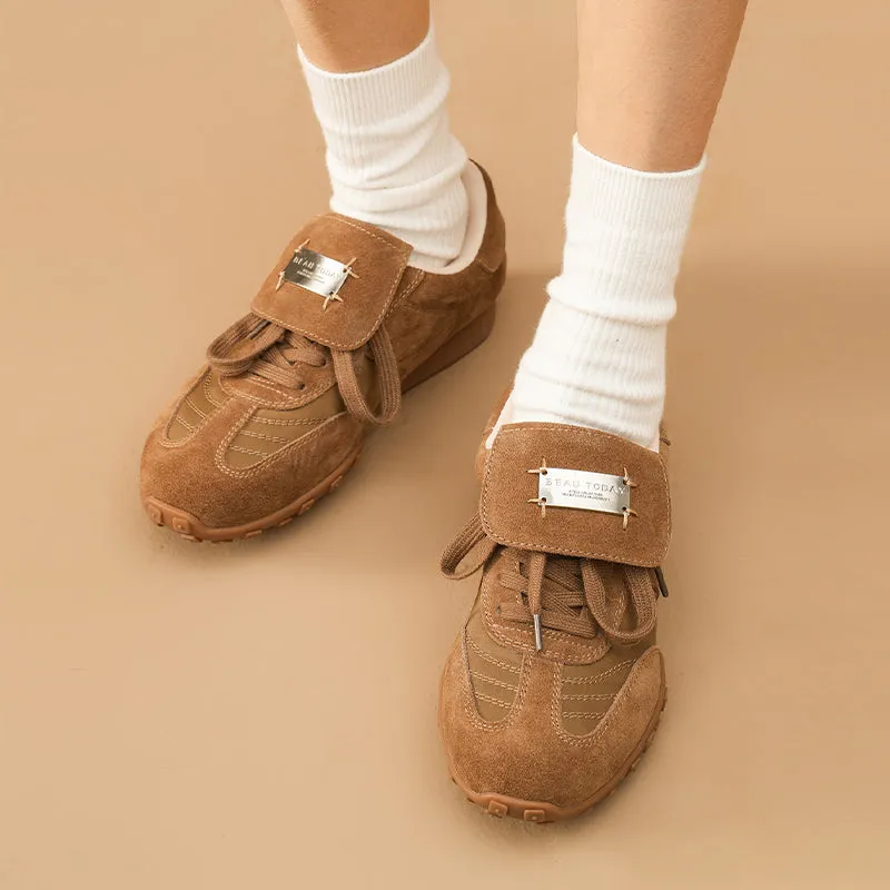 BeauToday Retro Neutral Tennis Trainers Stylish Suede Sneakers Flats for Women