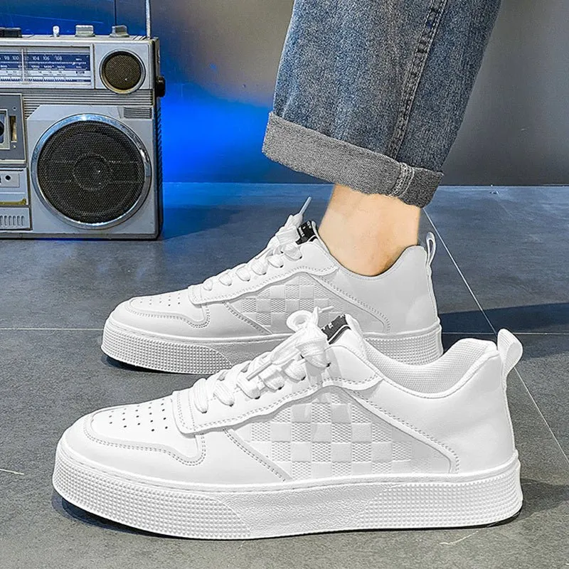Casual Lace-up Sneakers Men Fashion Breathable Plaid Flats Shoes - White Sneakers Men