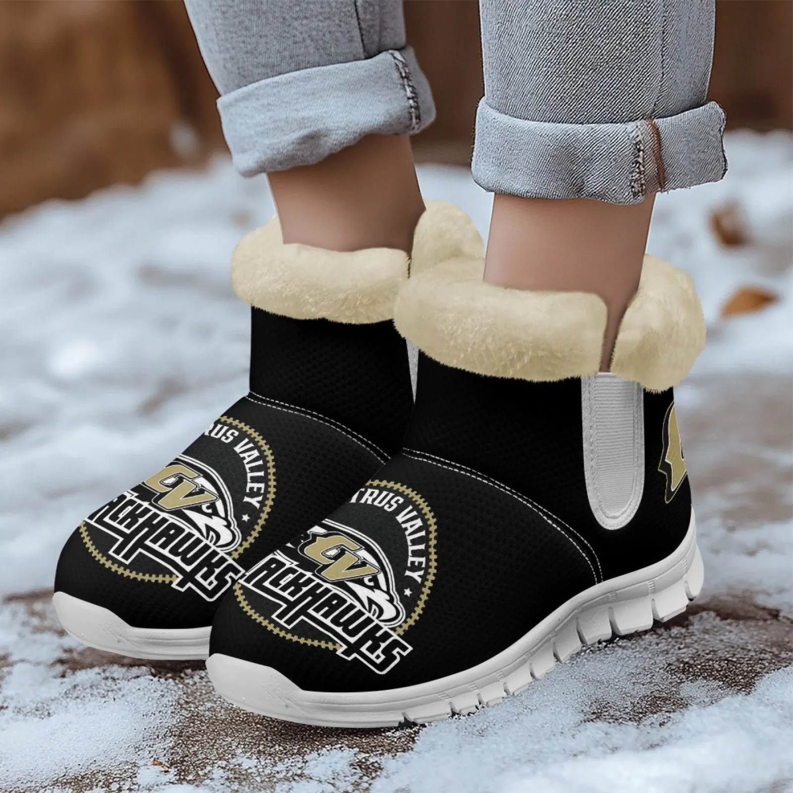 CVHS Blackhawks & CV Logo Comfy Furry Boots Black Blackhawk Gold