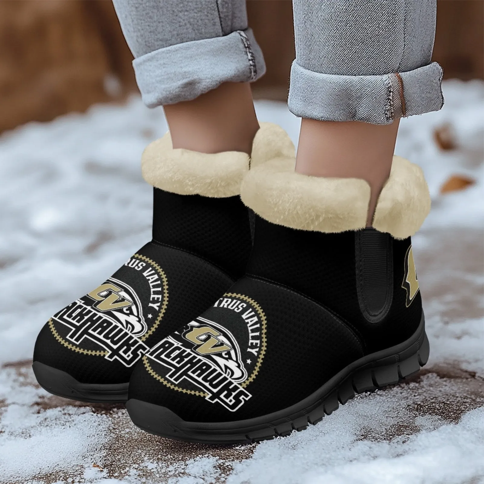 CVHS Blackhawks & CV Logo Comfy Furry Boots Black Blackhawk Gold