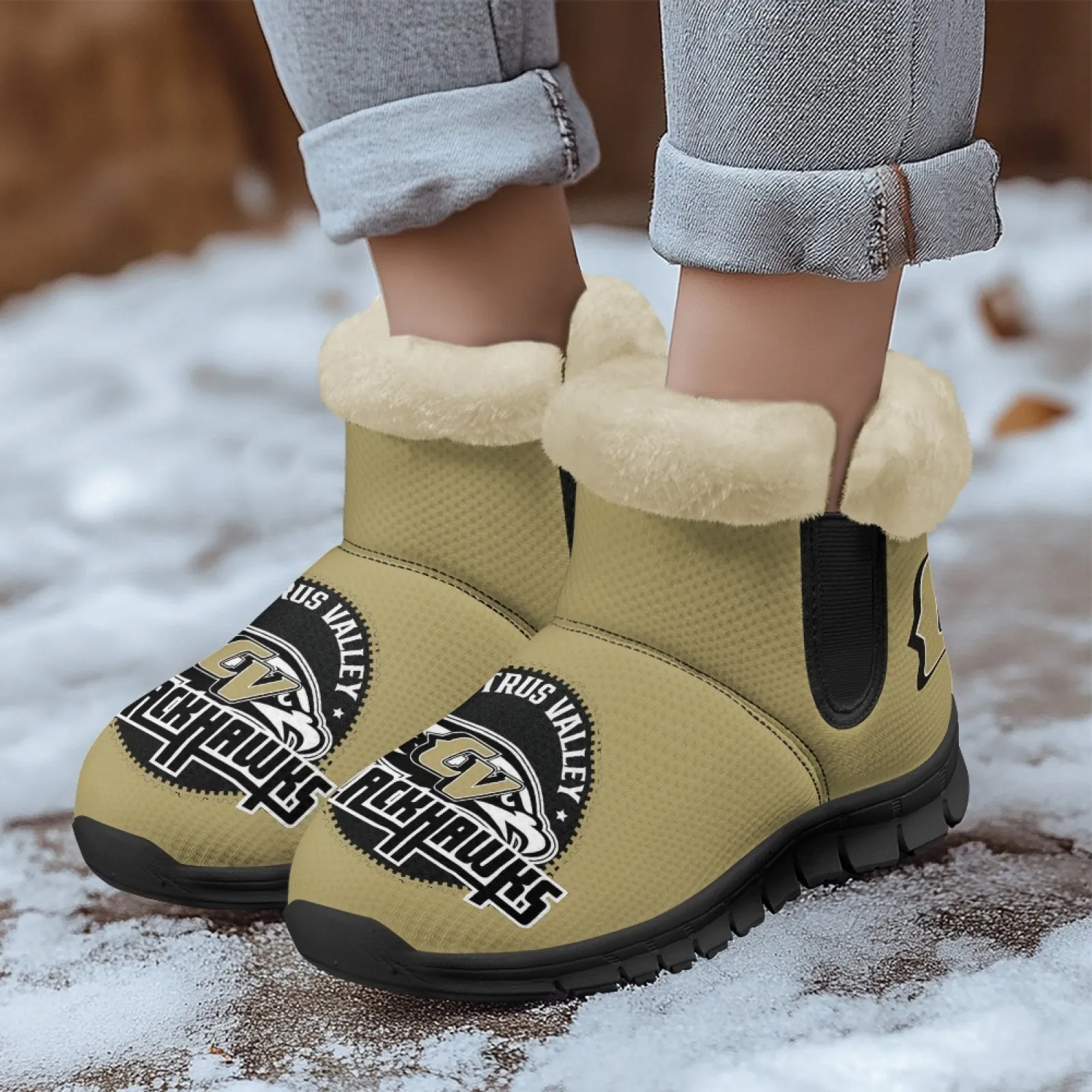 CVHS Blackhawks & CV Logo Comfy Furry Boots Black Blackhawk Gold