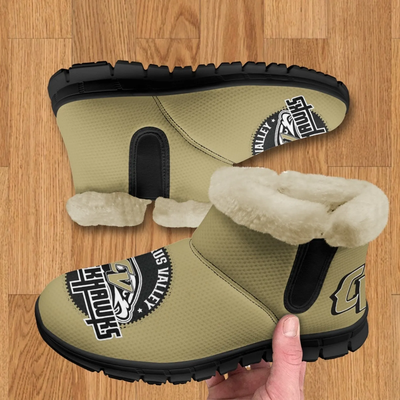 CVHS Blackhawks & CV Logo Comfy Furry Boots Black Blackhawk Gold