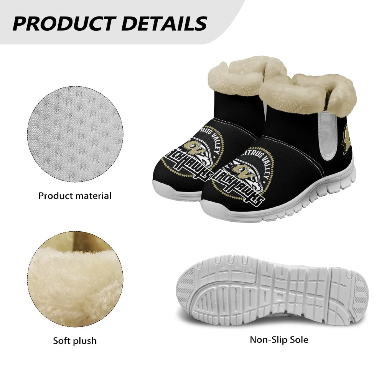 CVHS Blackhawks & CV Logo Comfy Furry Boots Black Blackhawk Gold