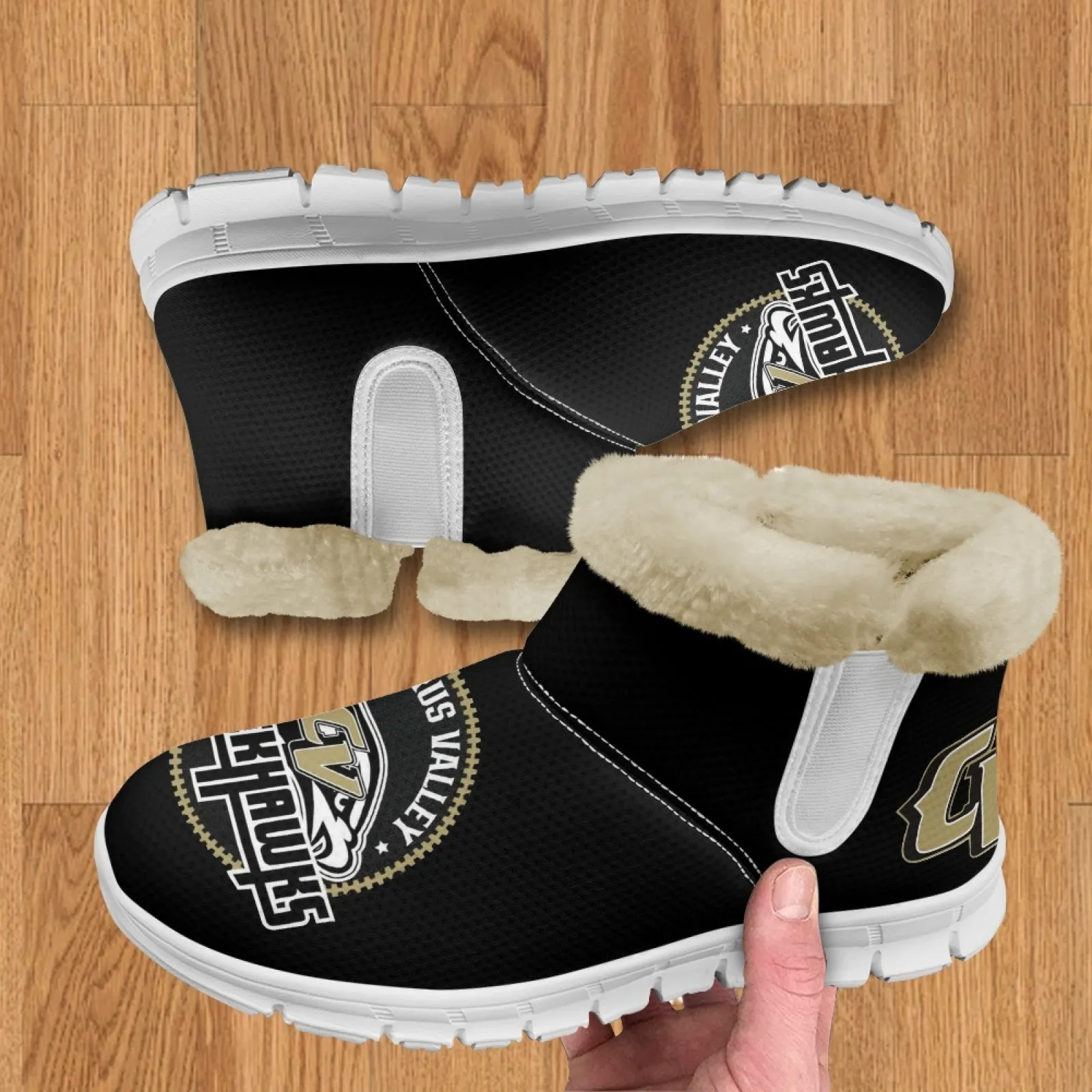 CVHS Blackhawks & CV Logo Comfy Furry Boots Black Blackhawk Gold