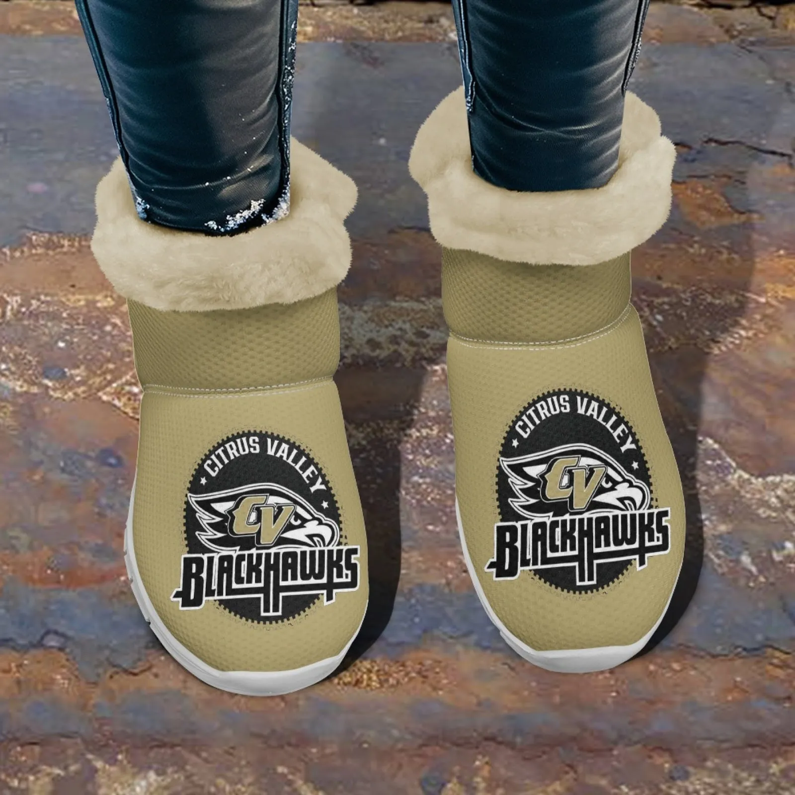 CVHS Blackhawks & CV Logo Comfy Furry Boots Black Blackhawk Gold