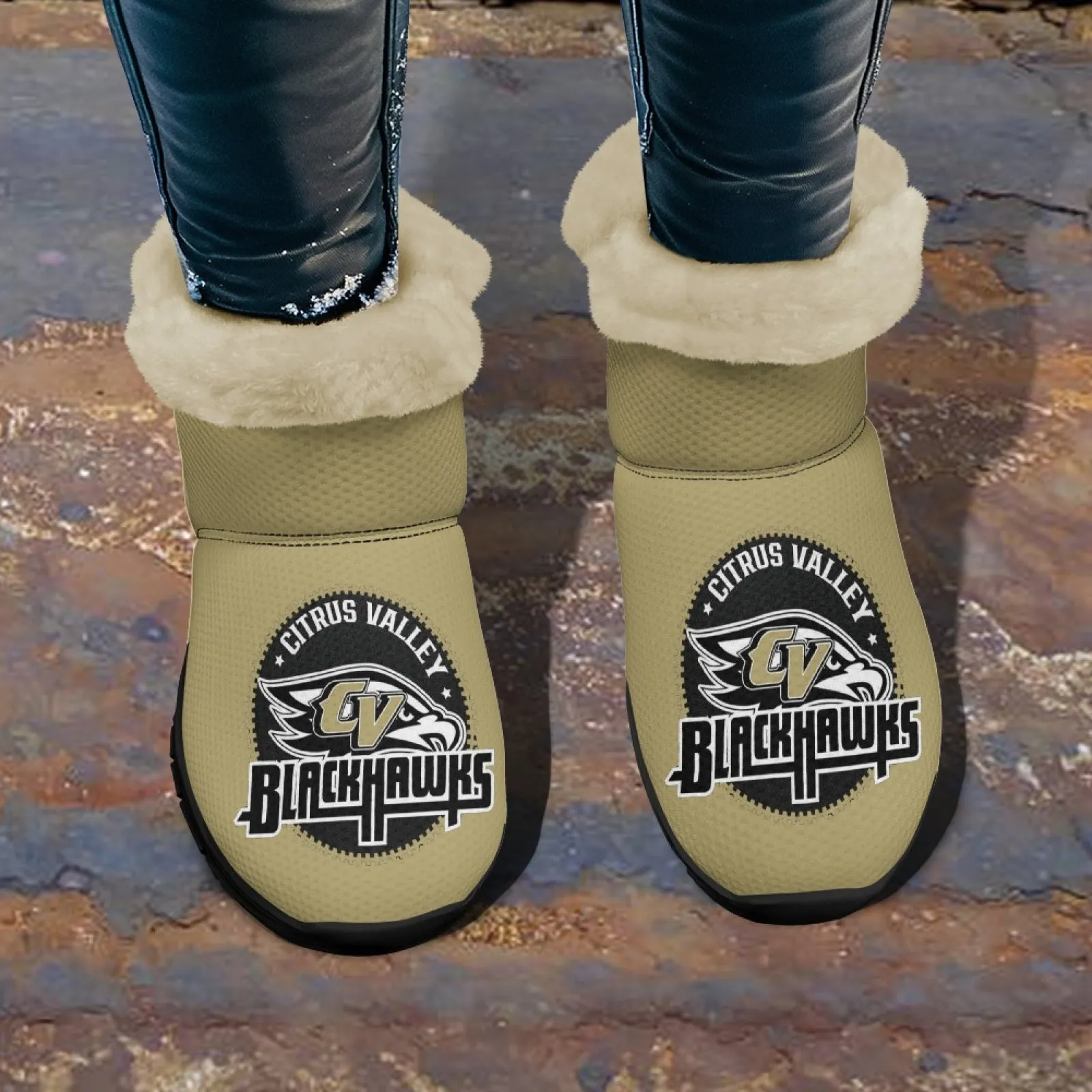 CVHS Blackhawks & CV Logo Comfy Furry Boots Black Blackhawk Gold