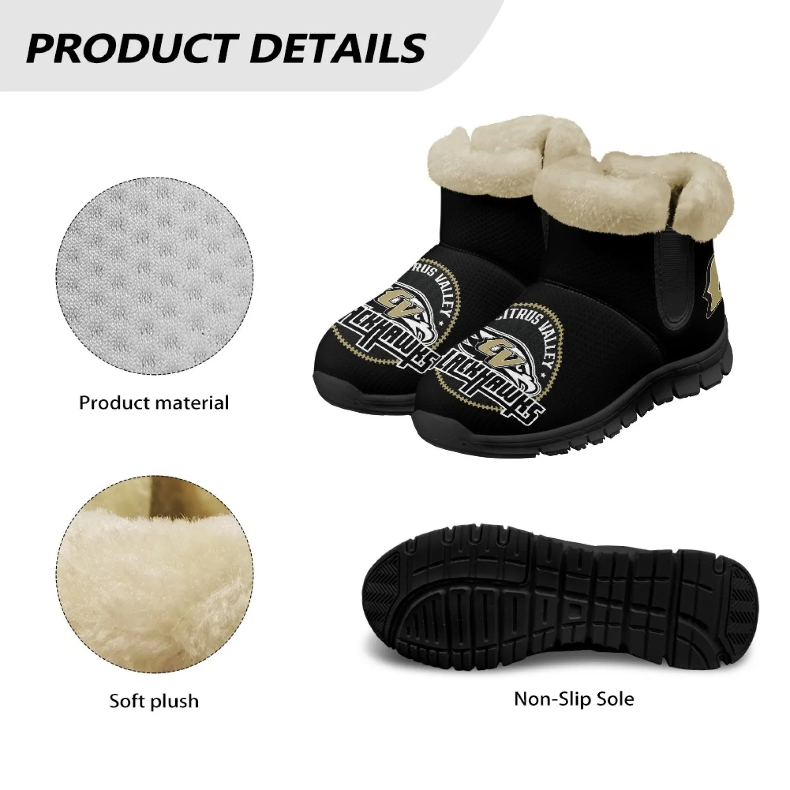 CVHS Blackhawks & CV Logo Comfy Furry Boots Black Blackhawk Gold