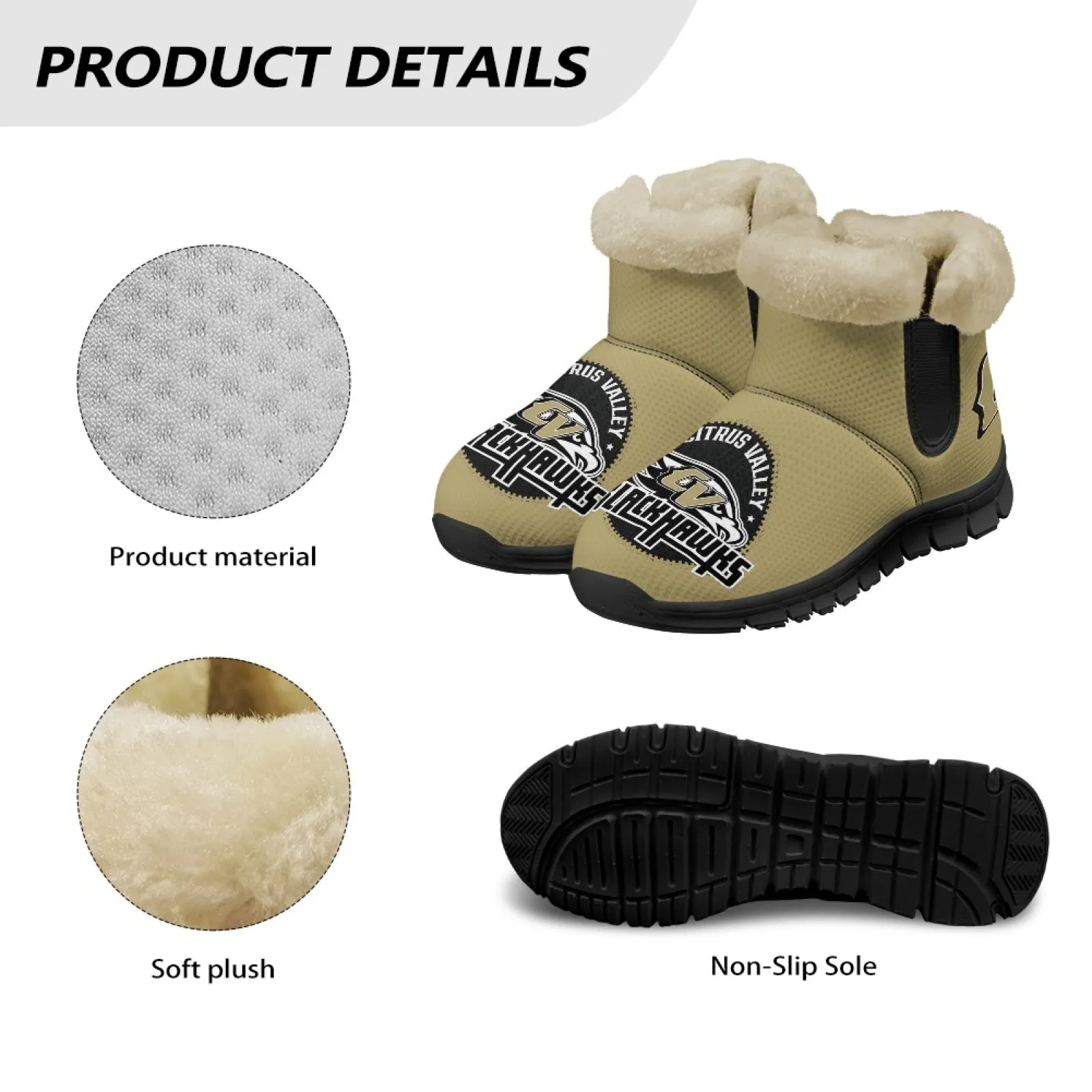 CVHS Blackhawks & CV Logo Comfy Furry Boots Black Blackhawk Gold