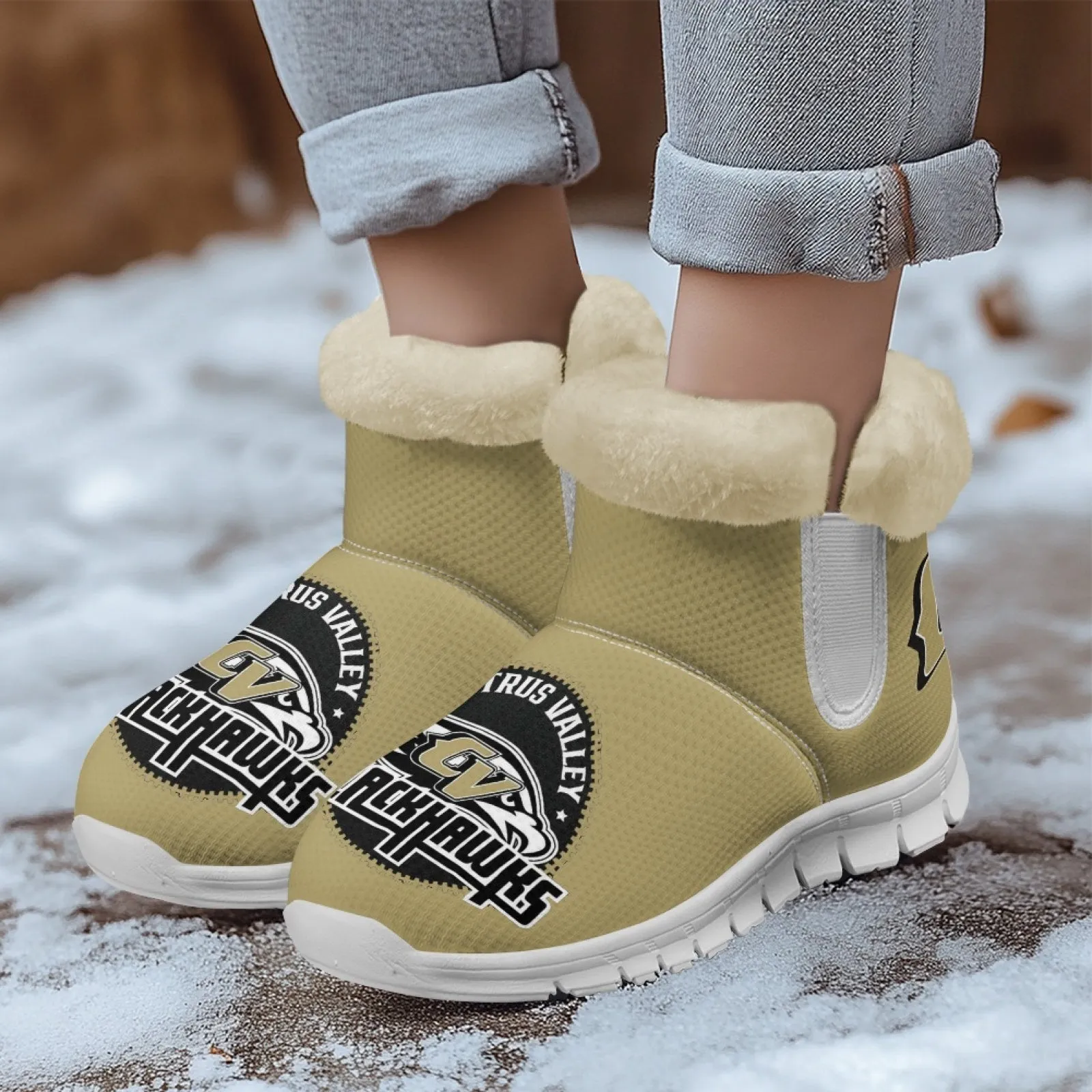 CVHS Blackhawks & CV Logo Comfy Furry Boots Black Blackhawk Gold
