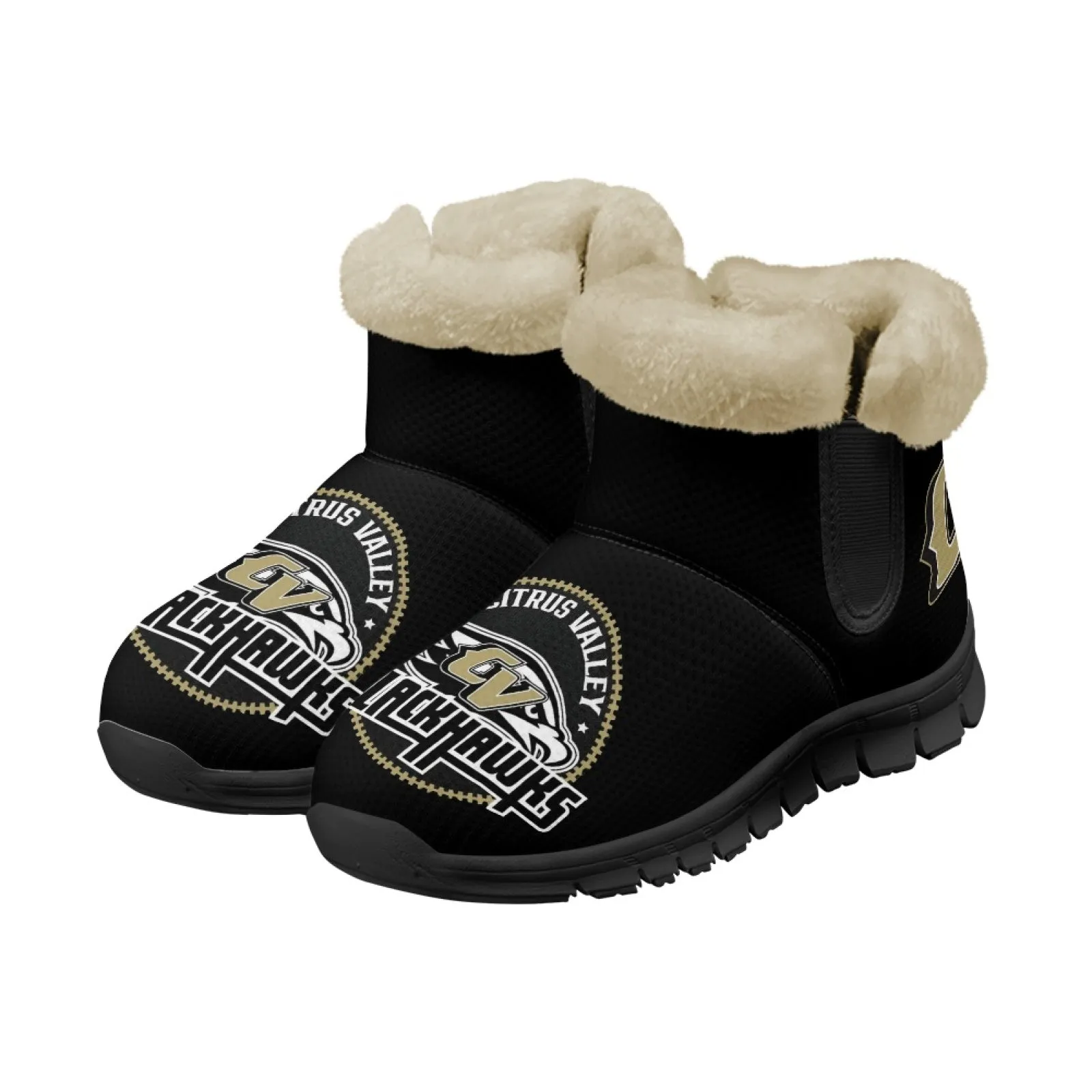 CVHS Blackhawks & CV Logo Comfy Furry Boots Black Blackhawk Gold