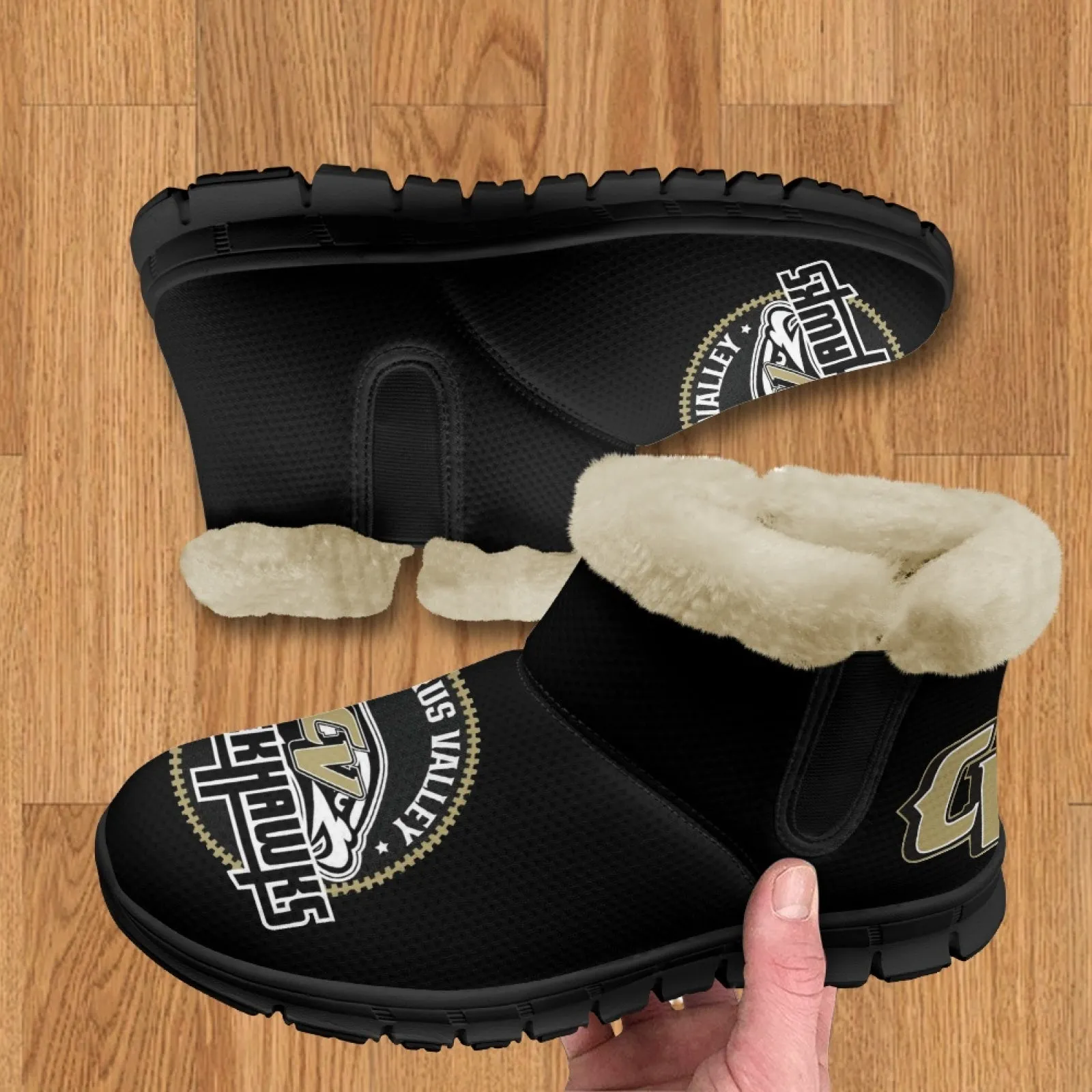 CVHS Blackhawks & CV Logo Comfy Furry Boots Black Blackhawk Gold