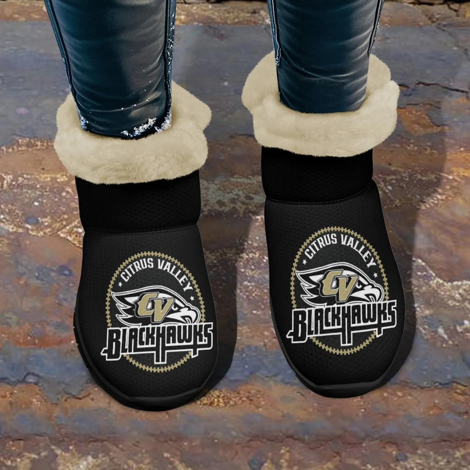 CVHS Blackhawks & CV Logo Comfy Furry Boots Black Blackhawk Gold