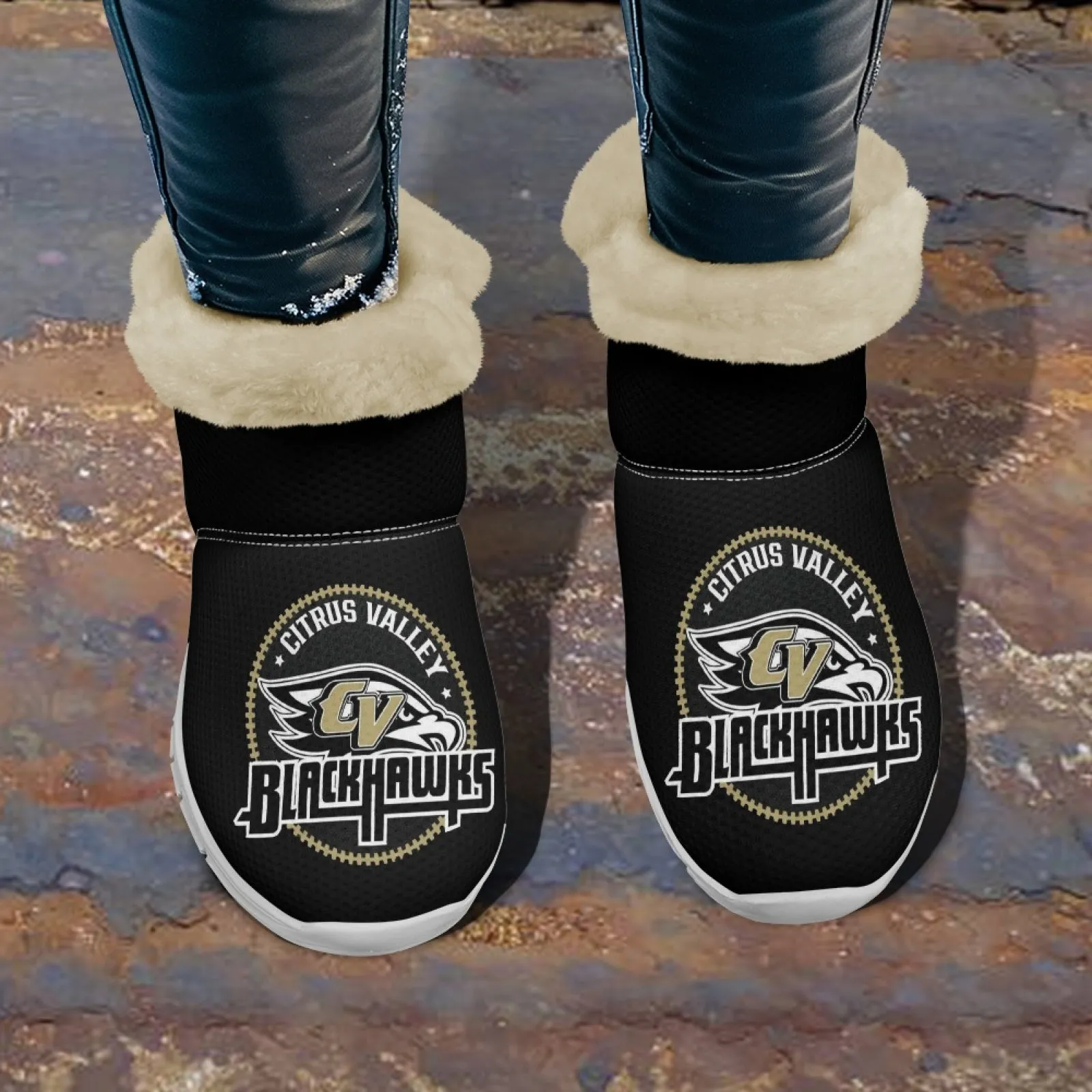 CVHS Blackhawks & CV Logo Comfy Furry Boots Black Blackhawk Gold