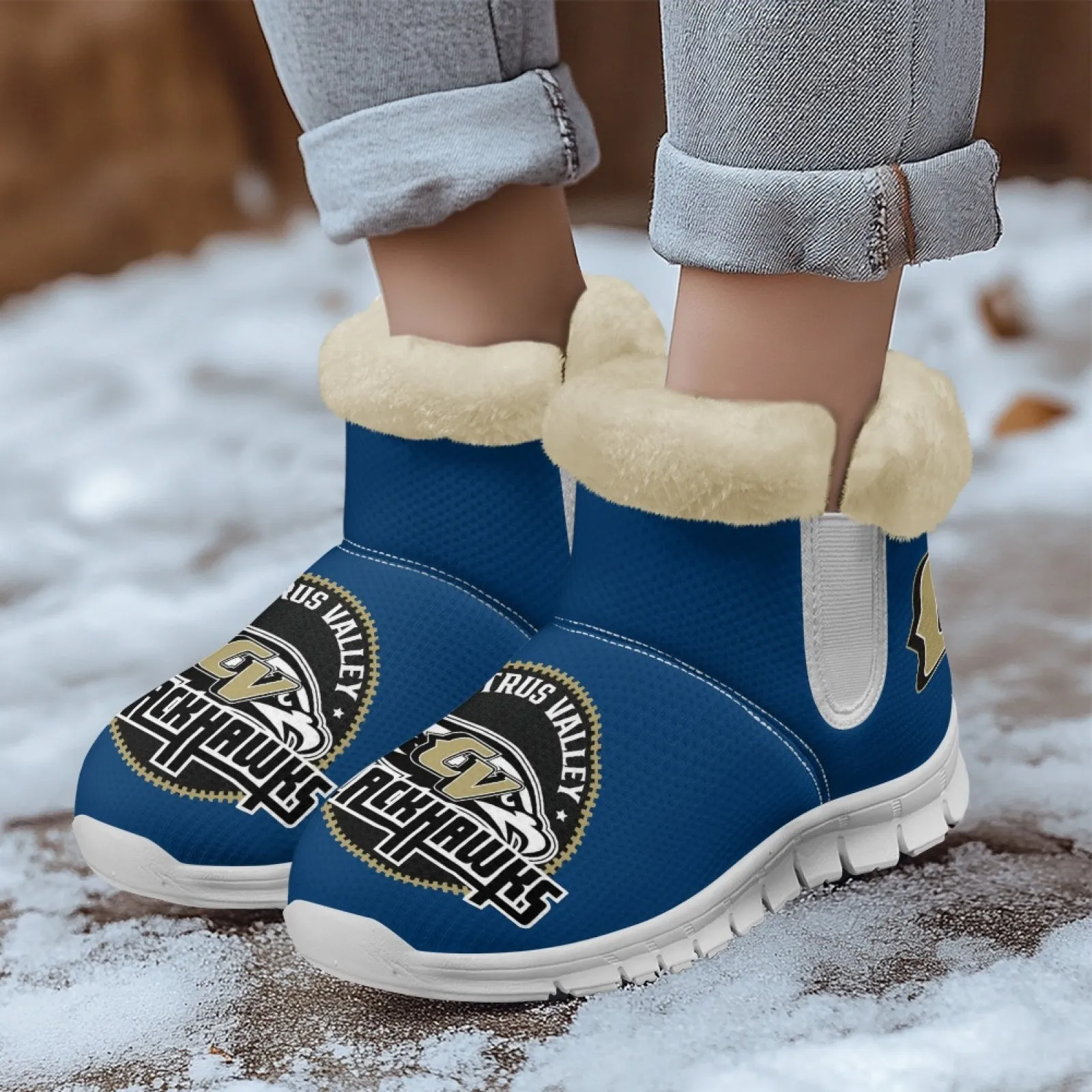 CVHS Blackhawks & CV Logo Comfy Furry Boots Dodger Blue Pink