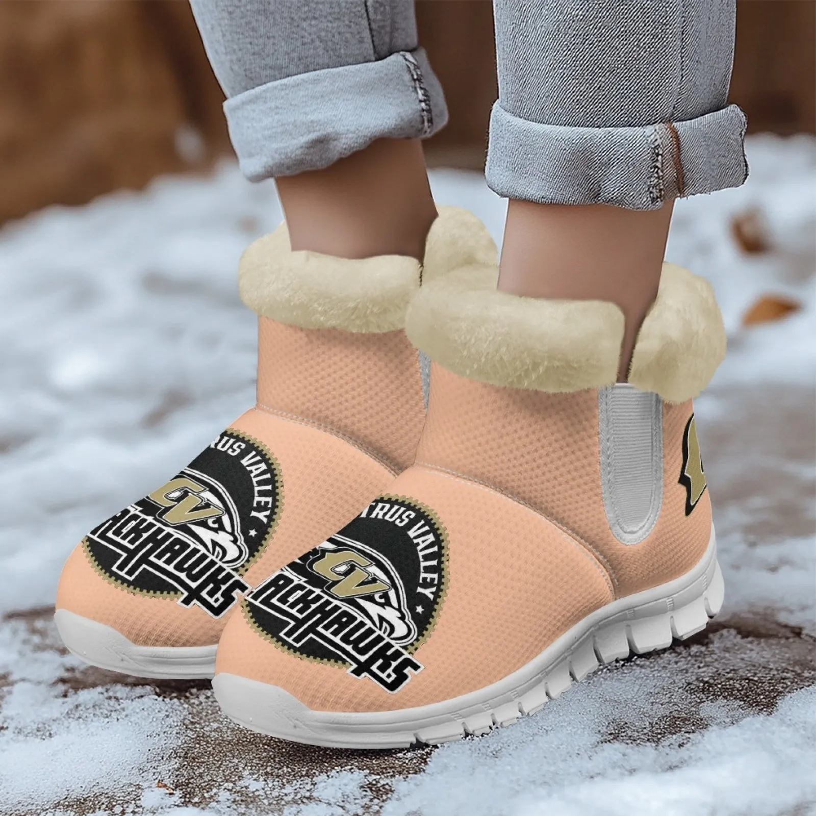 CVHS Blackhawks & CV Logo Comfy Furry Boots Dodger Blue Pink
