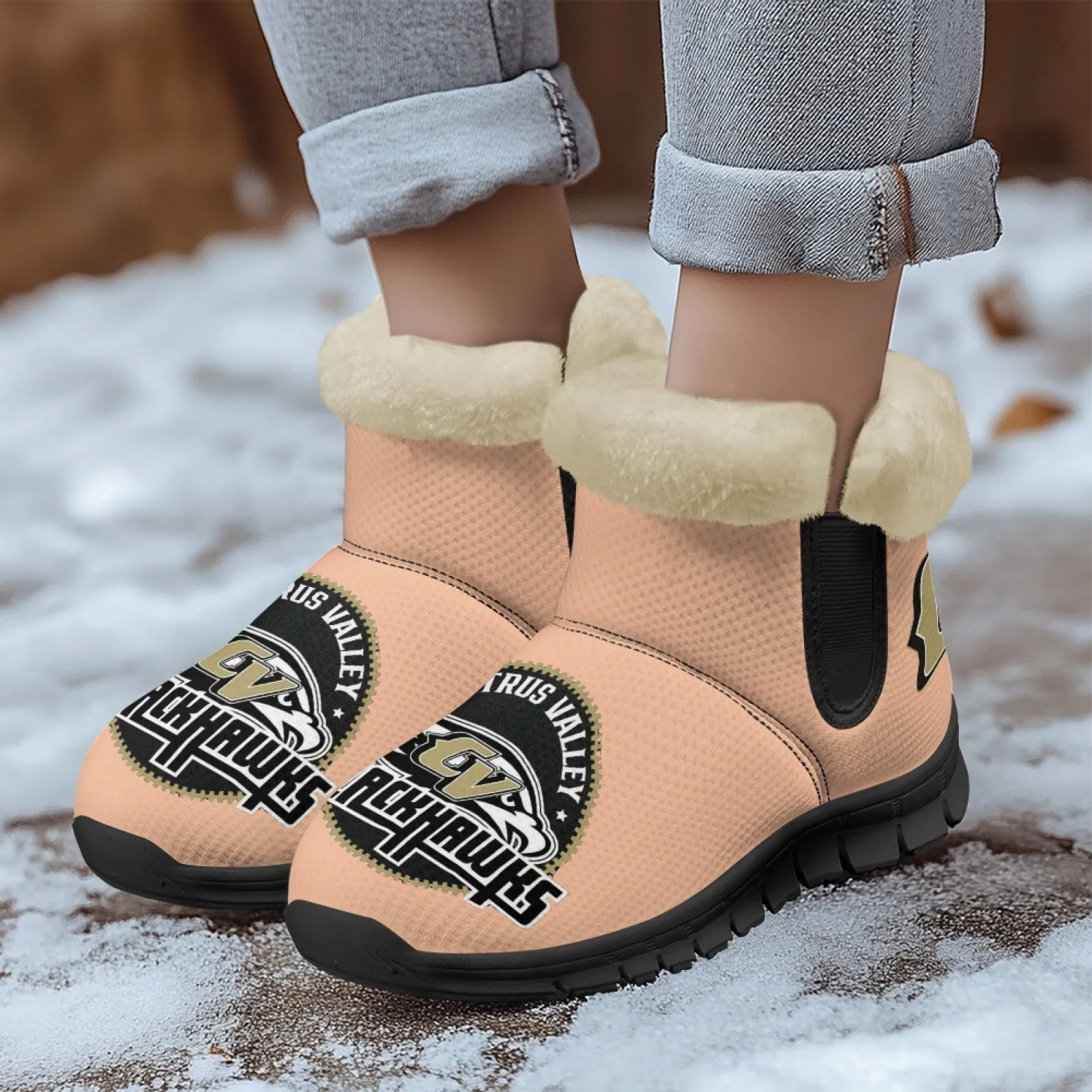 CVHS Blackhawks & CV Logo Comfy Furry Boots Dodger Blue Pink