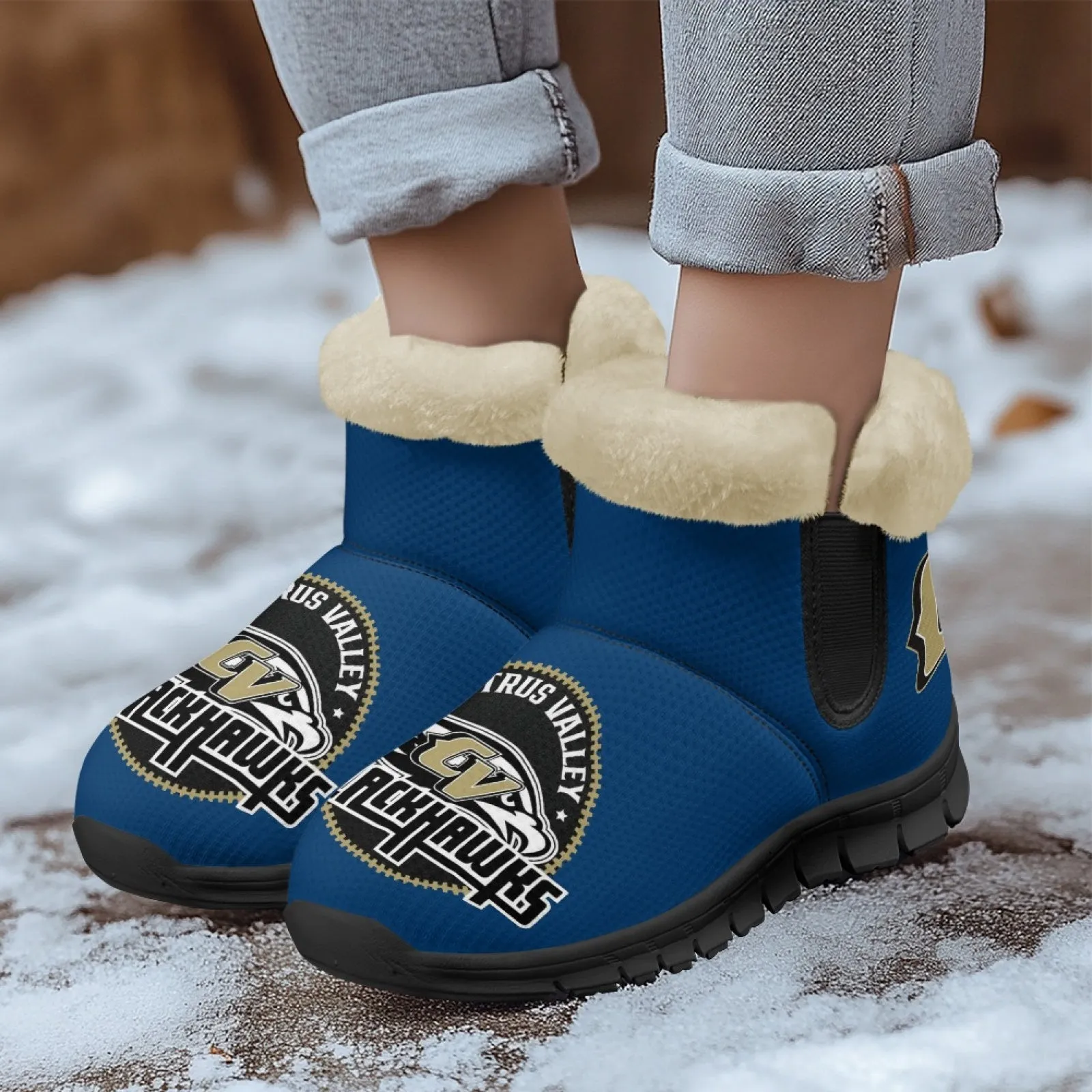 CVHS Blackhawks & CV Logo Comfy Furry Boots Dodger Blue Pink