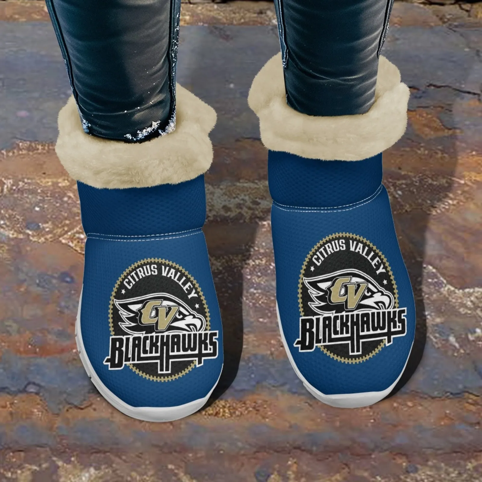 CVHS Blackhawks & CV Logo Comfy Furry Boots Dodger Blue Pink
