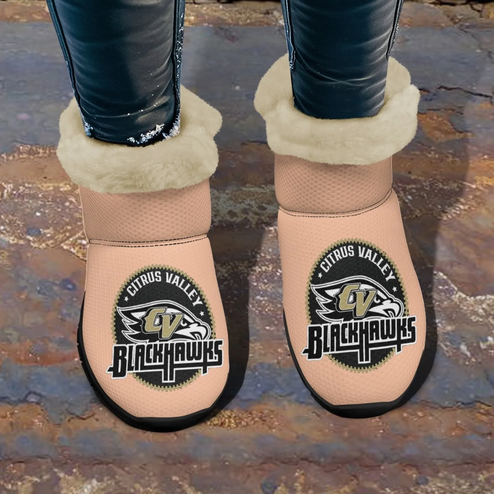CVHS Blackhawks & CV Logo Comfy Furry Boots Dodger Blue Pink