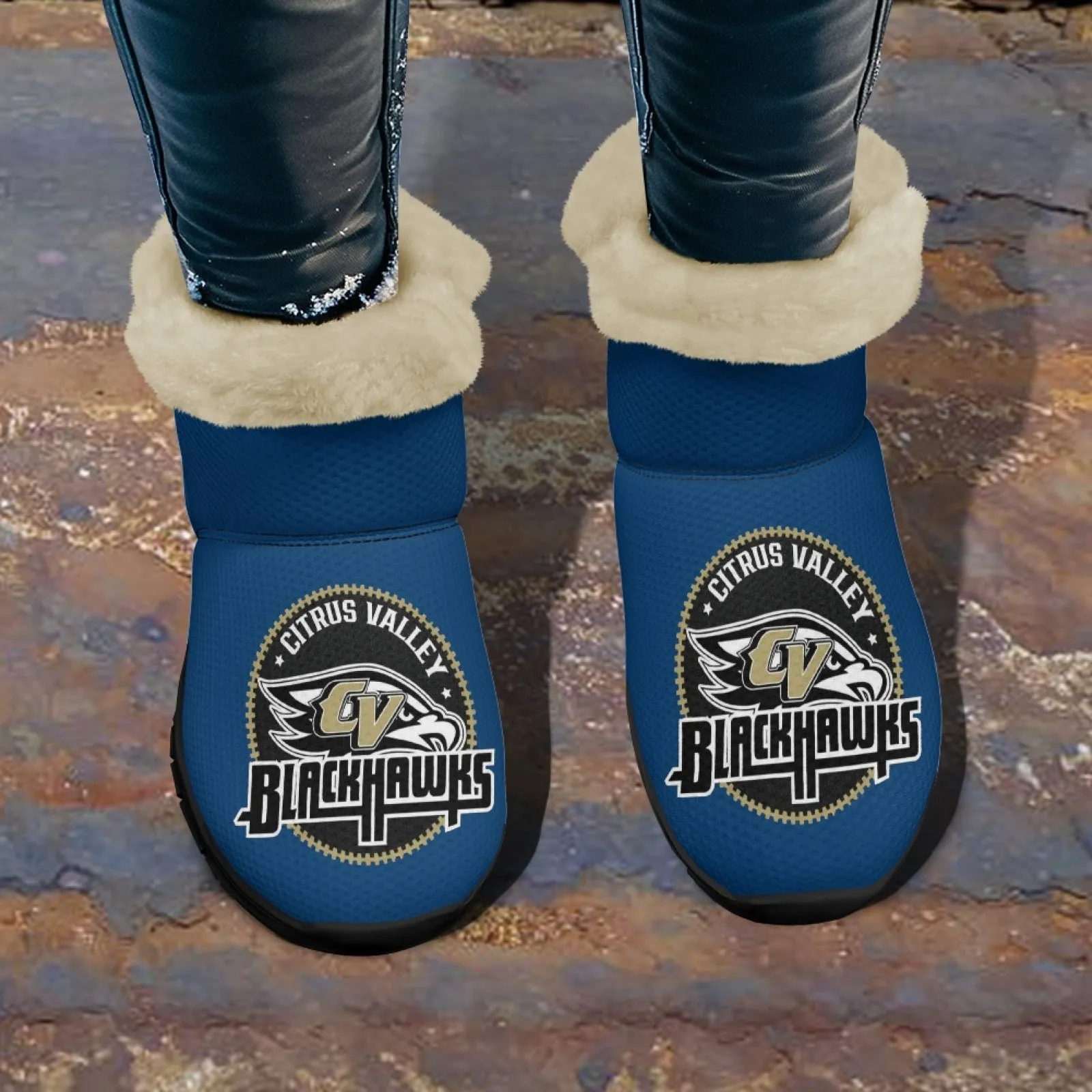 CVHS Blackhawks & CV Logo Comfy Furry Boots Dodger Blue Pink