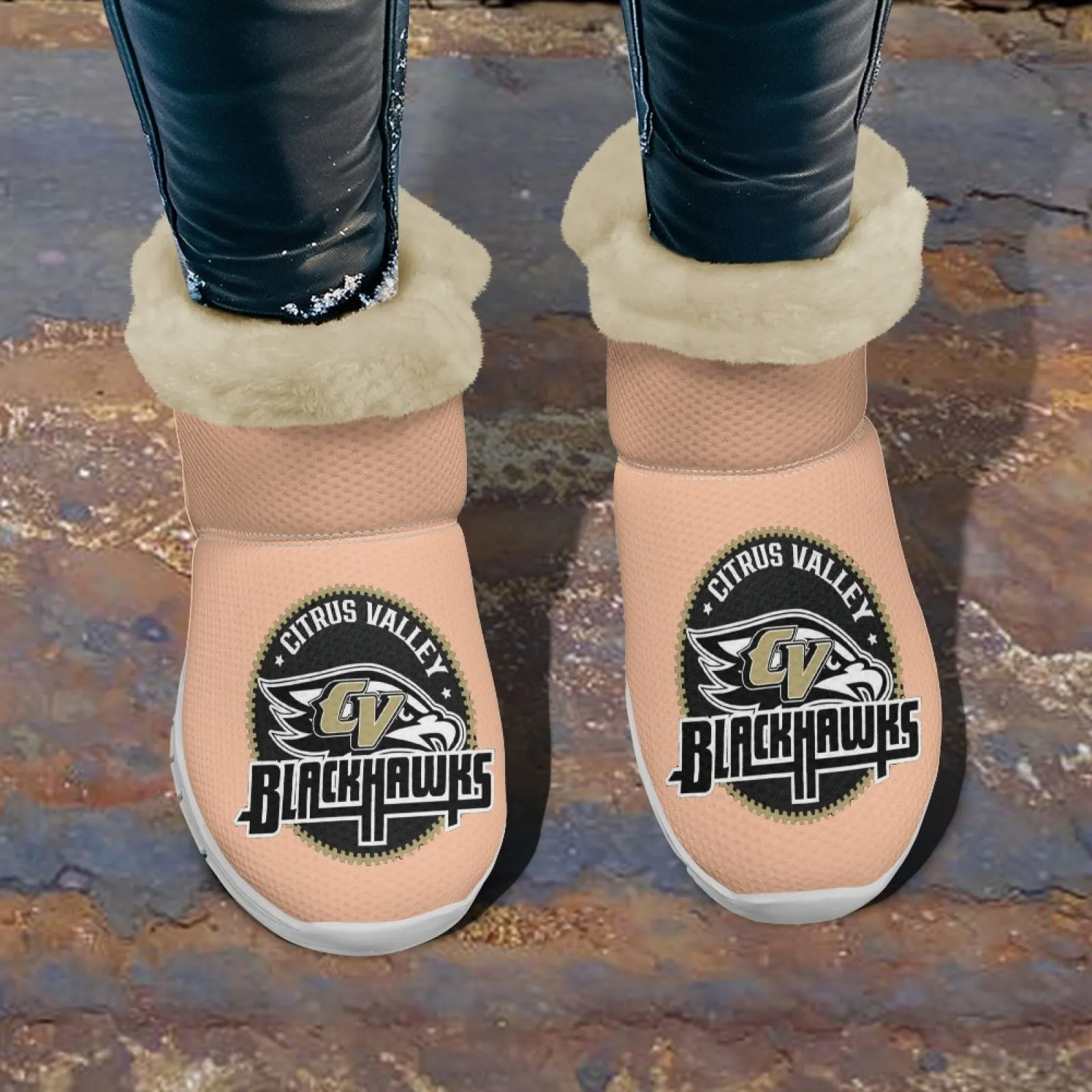 CVHS Blackhawks & CV Logo Comfy Furry Boots Dodger Blue Pink