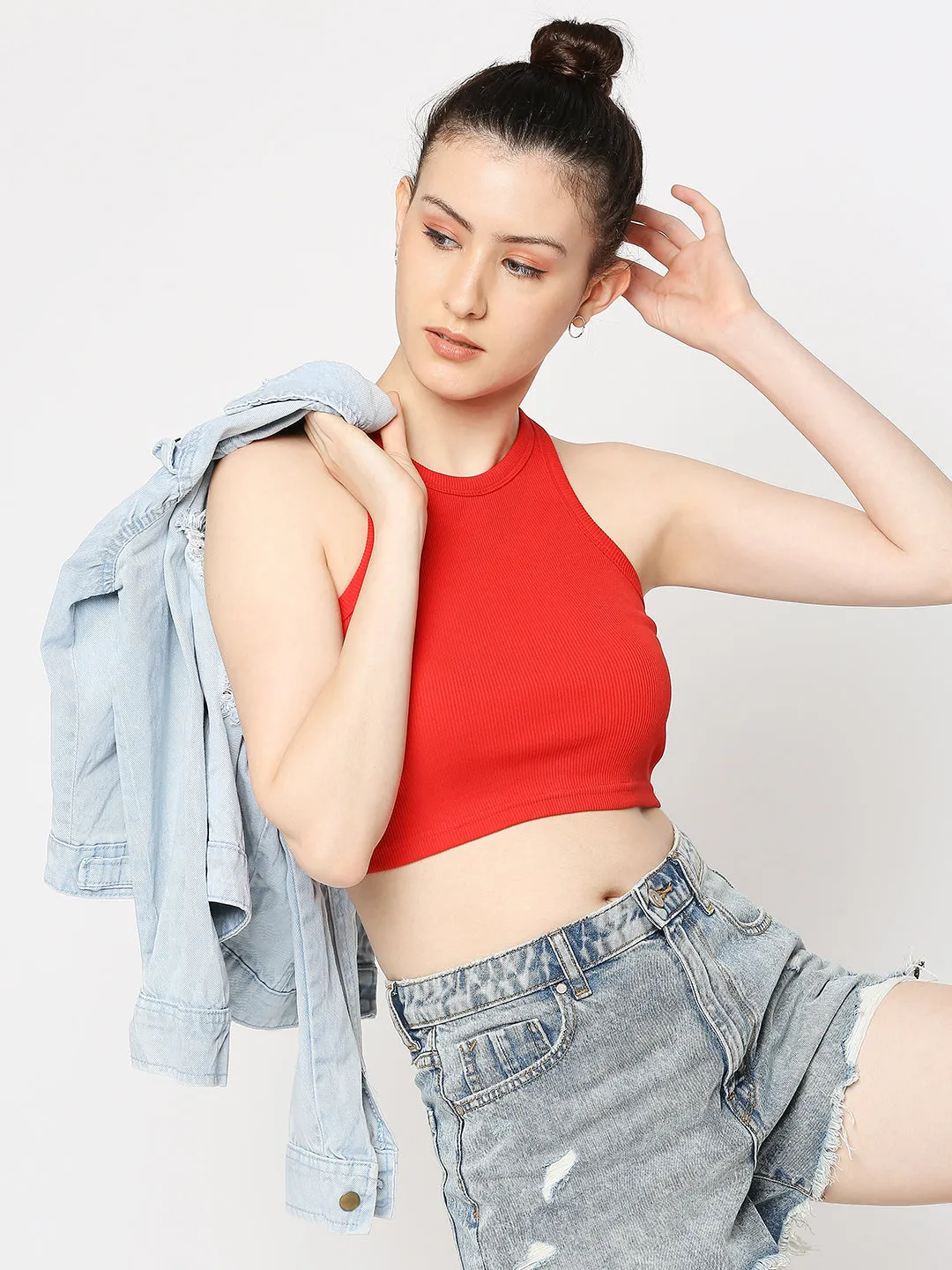 Disrupt Women Sleeveless Red Ribbed Crop Top