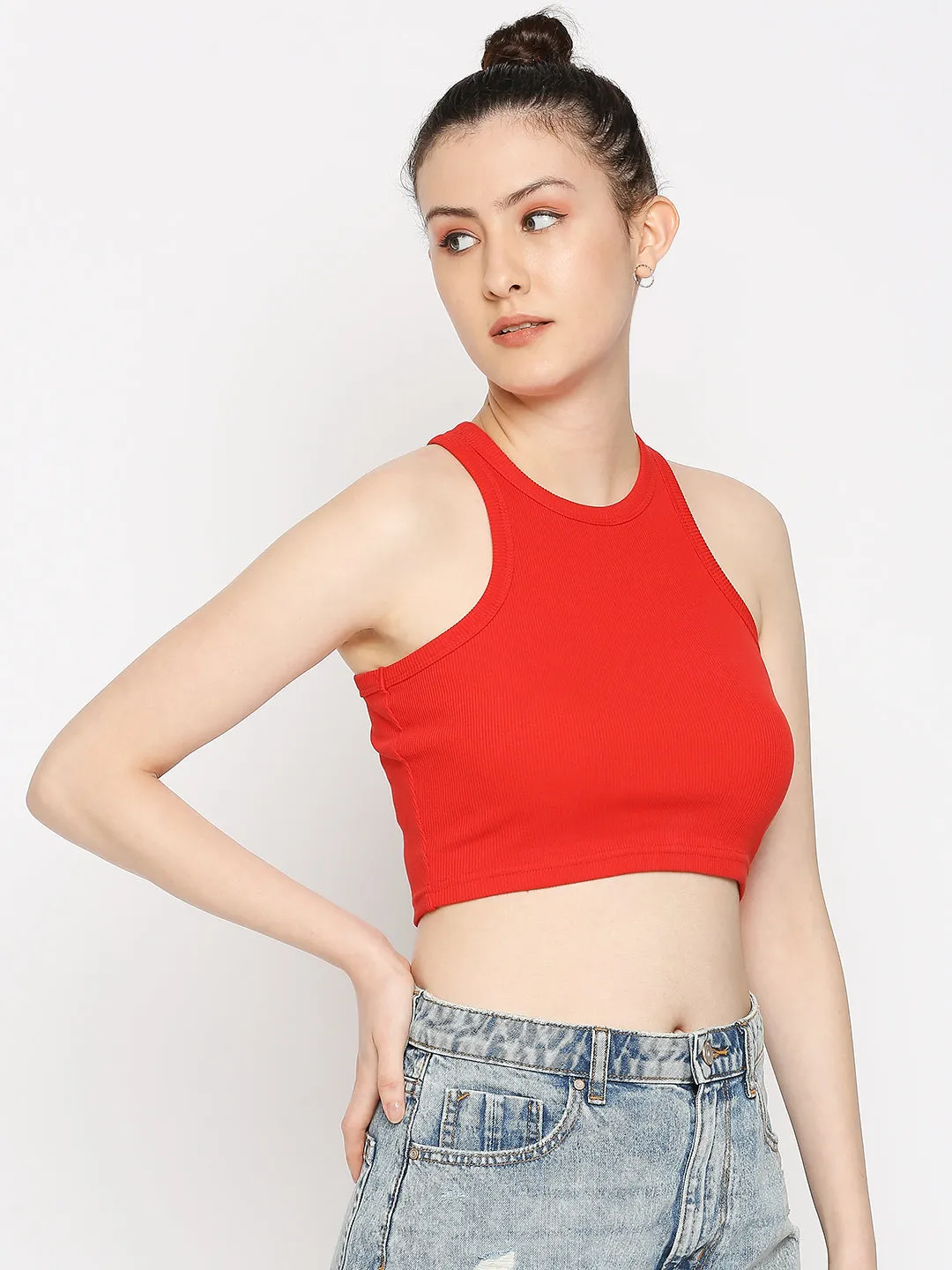 Disrupt Women Sleeveless Red Ribbed Crop Top