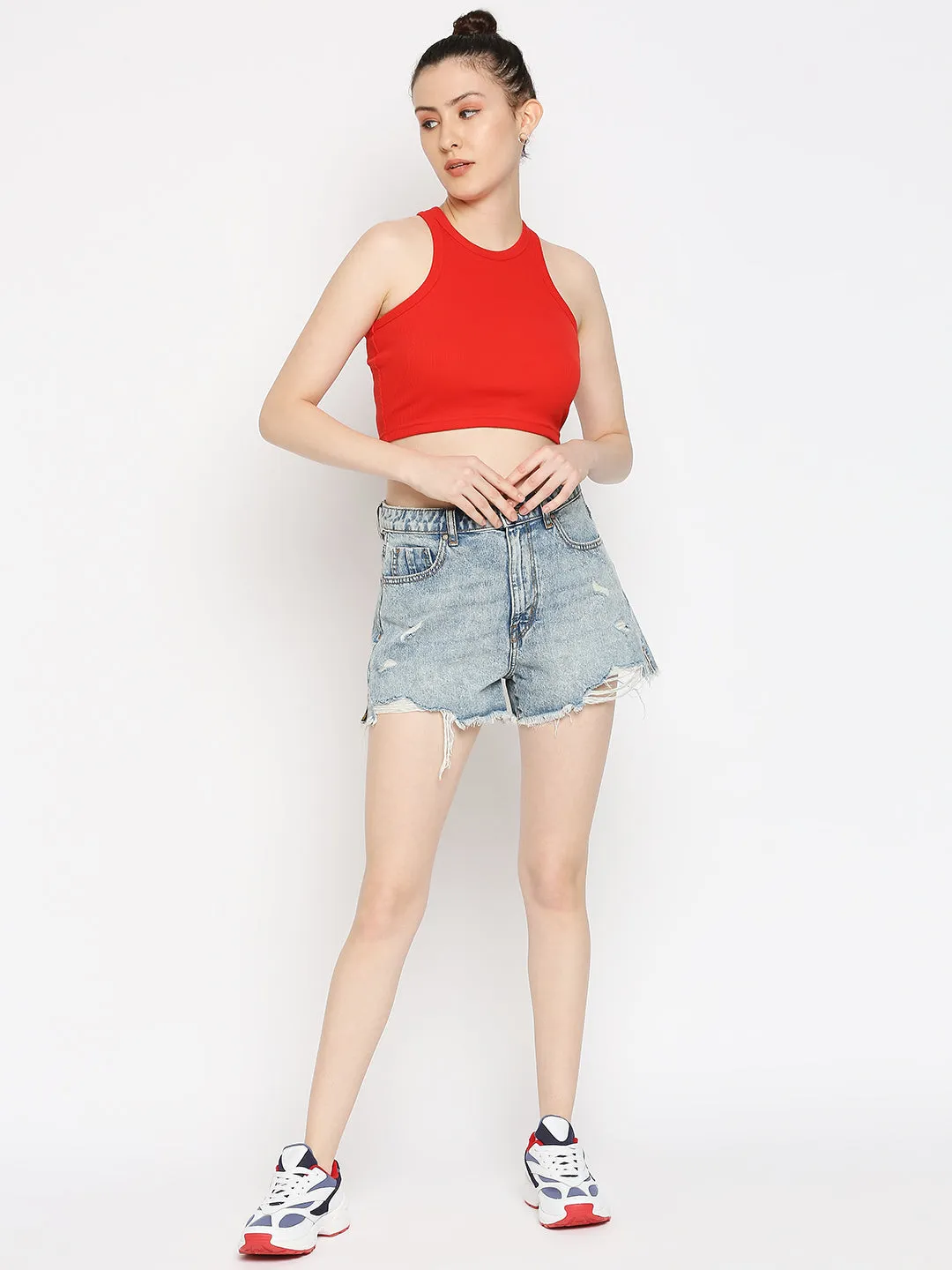 Disrupt Women Sleeveless Red Ribbed Crop Top
