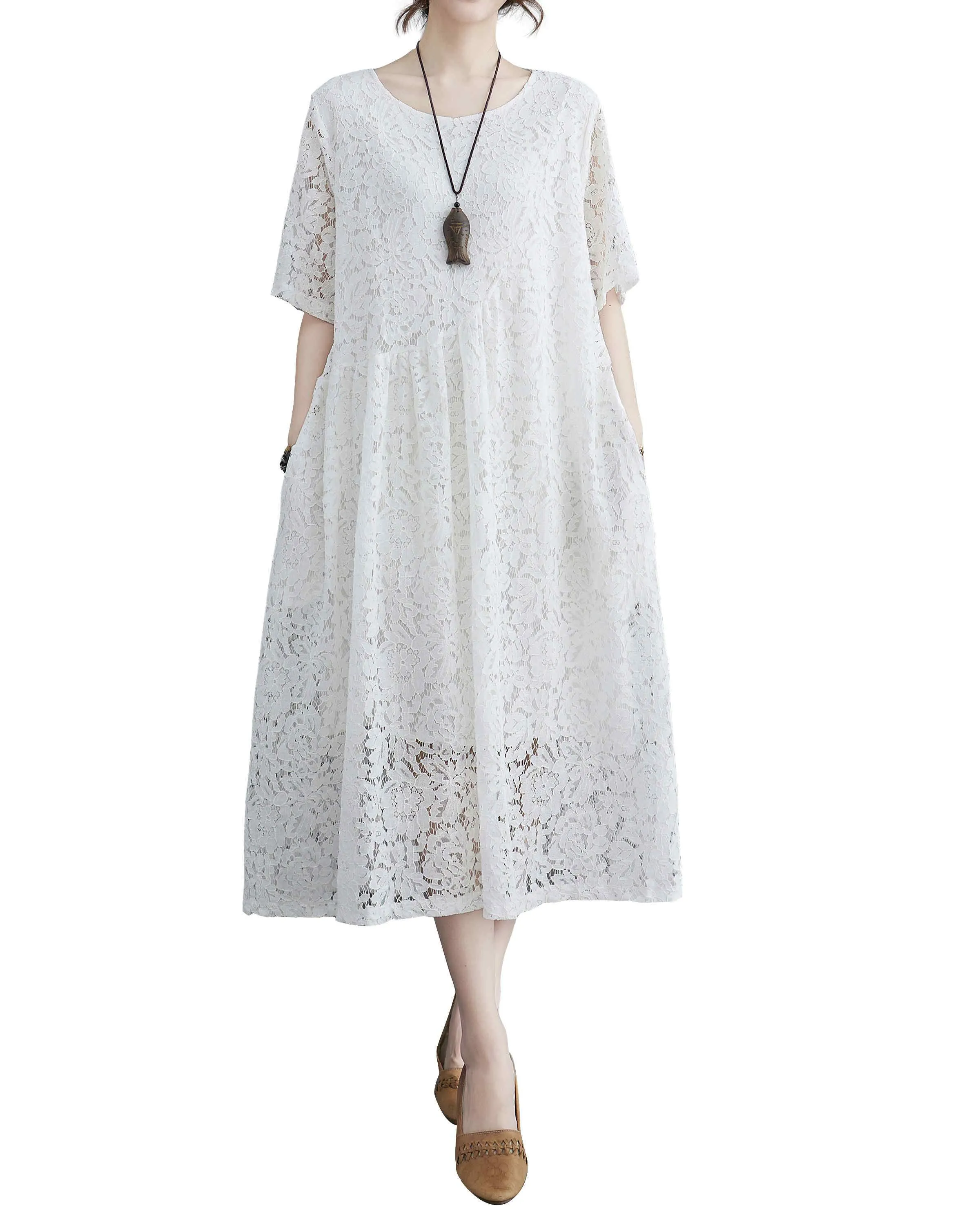 ellazhu Women Short Sleeves Crewneck Lace Dresses GA2330