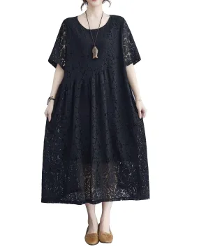 ellazhu Women Short Sleeves Crewneck Lace Dresses GA2330