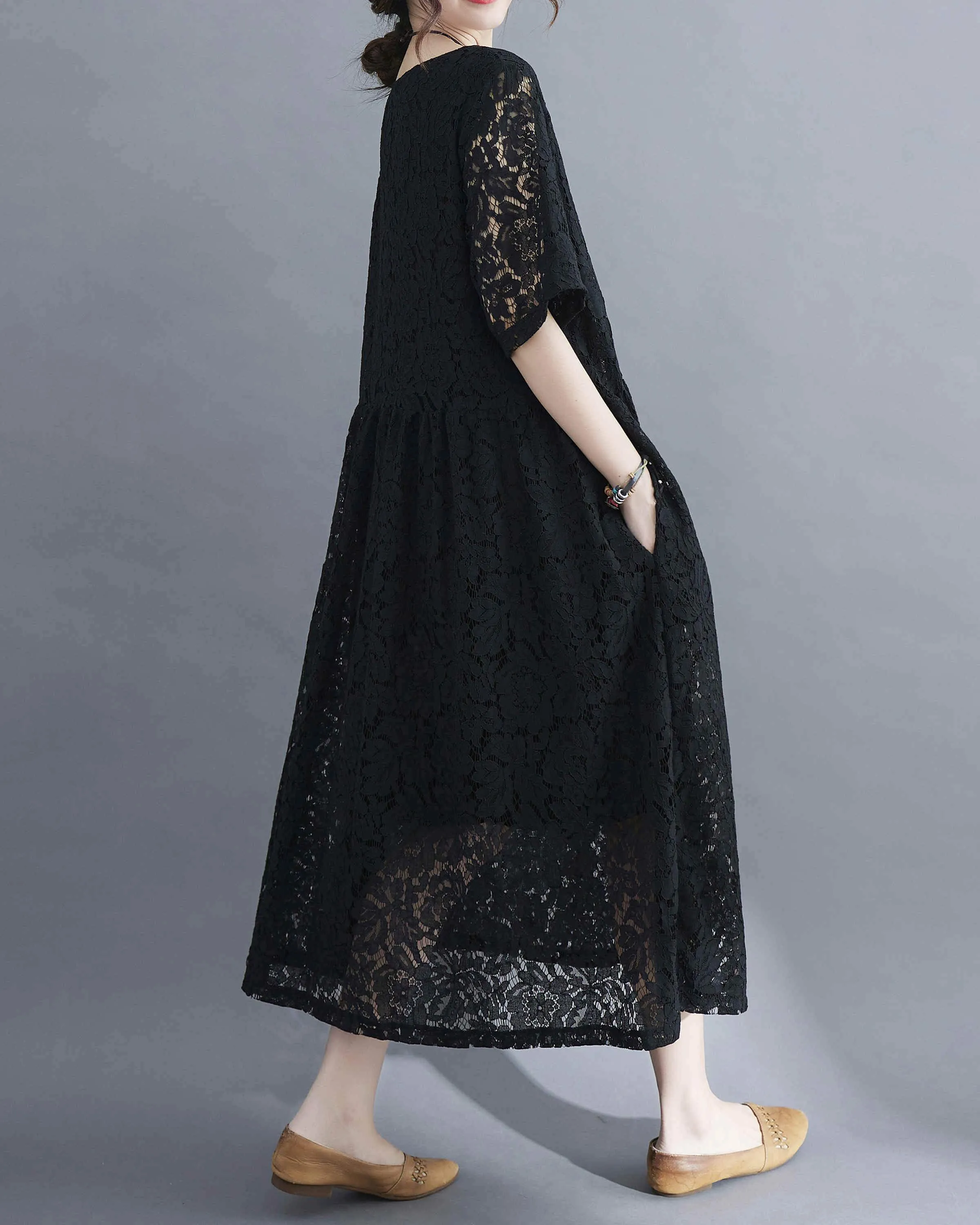 ellazhu Women Short Sleeves Crewneck Lace Dresses GA2330