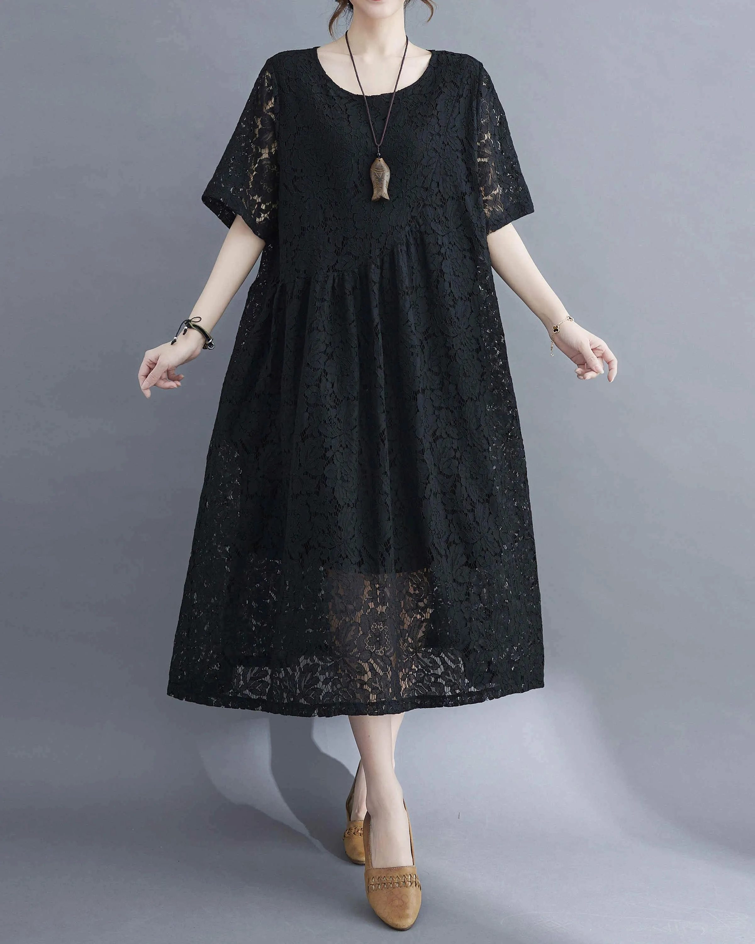 ellazhu Women Short Sleeves Crewneck Lace Dresses GA2330