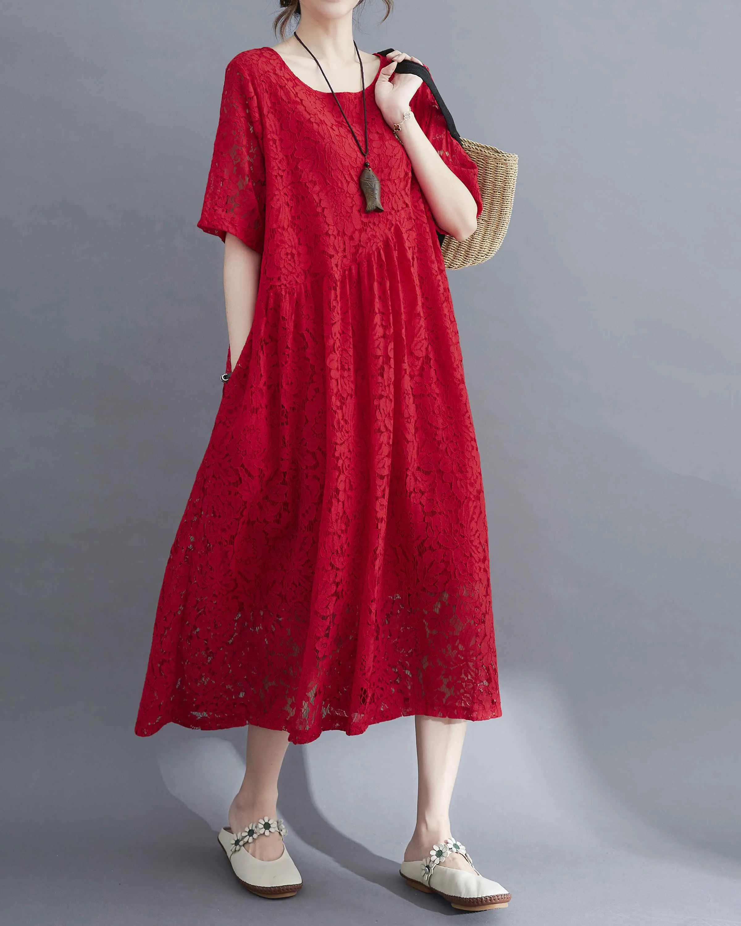 ellazhu Women Short Sleeves Crewneck Lace Dresses GA2330