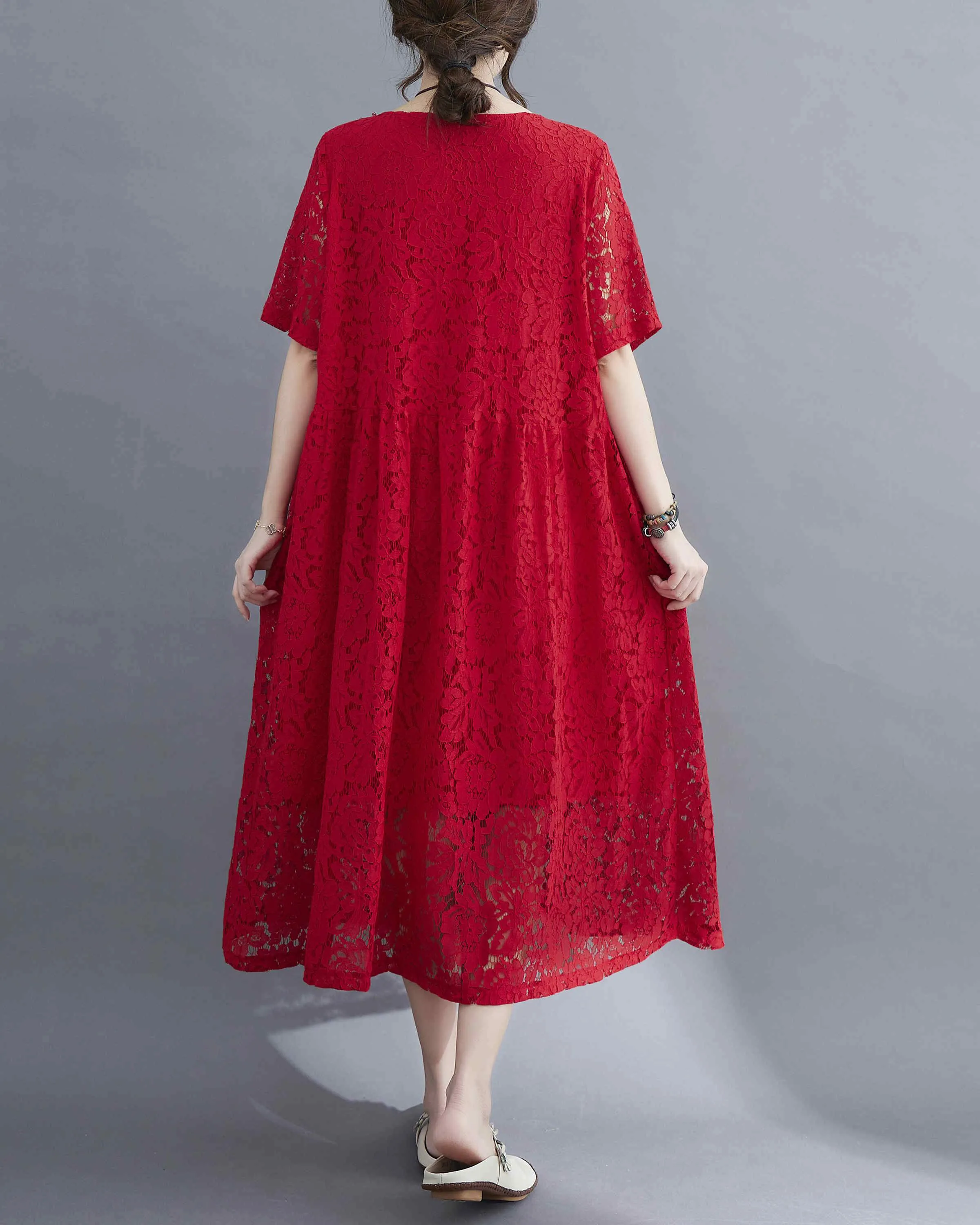 ellazhu Women Short Sleeves Crewneck Lace Dresses GA2330