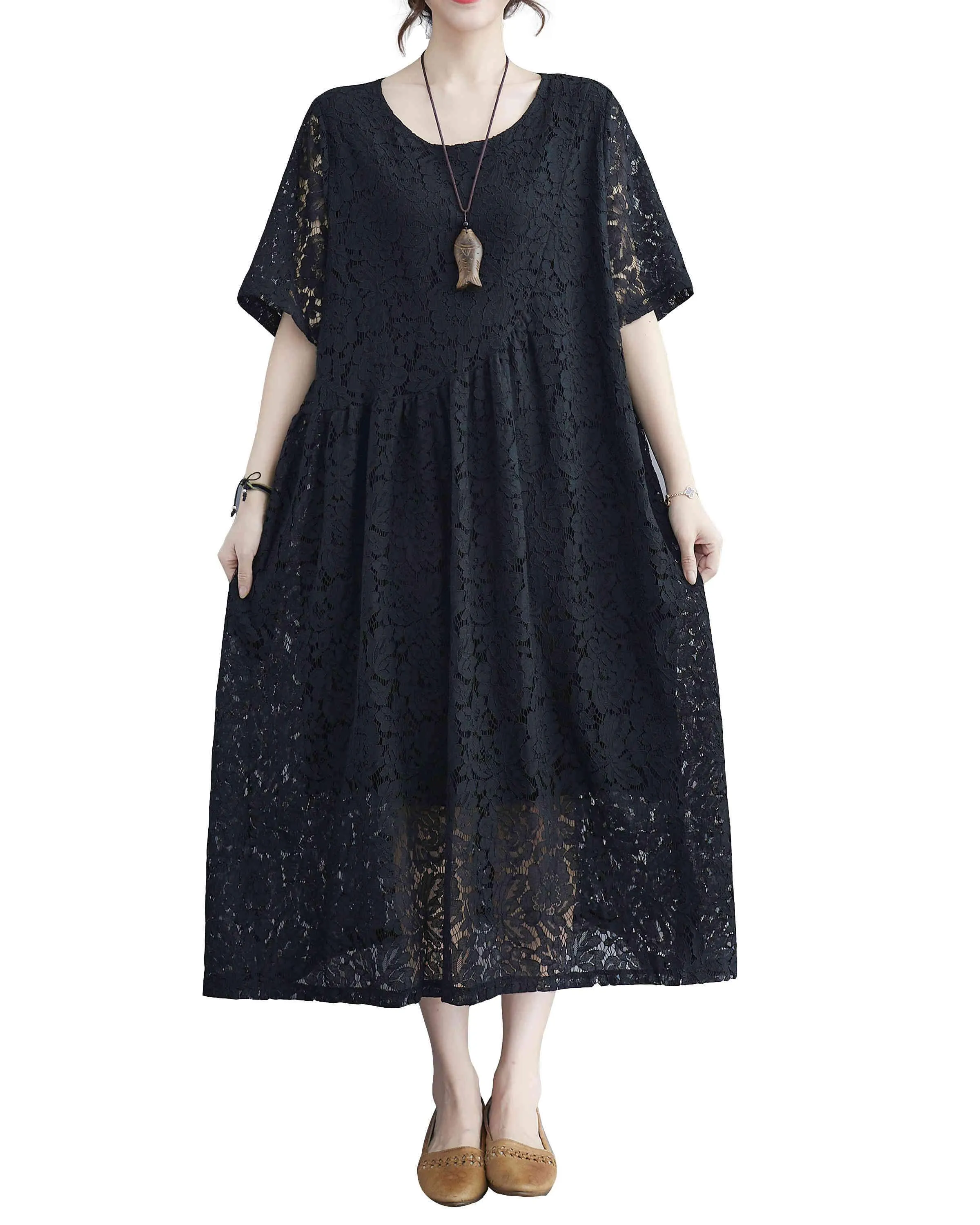 ellazhu Women Short Sleeves Crewneck Lace Dresses GA2330