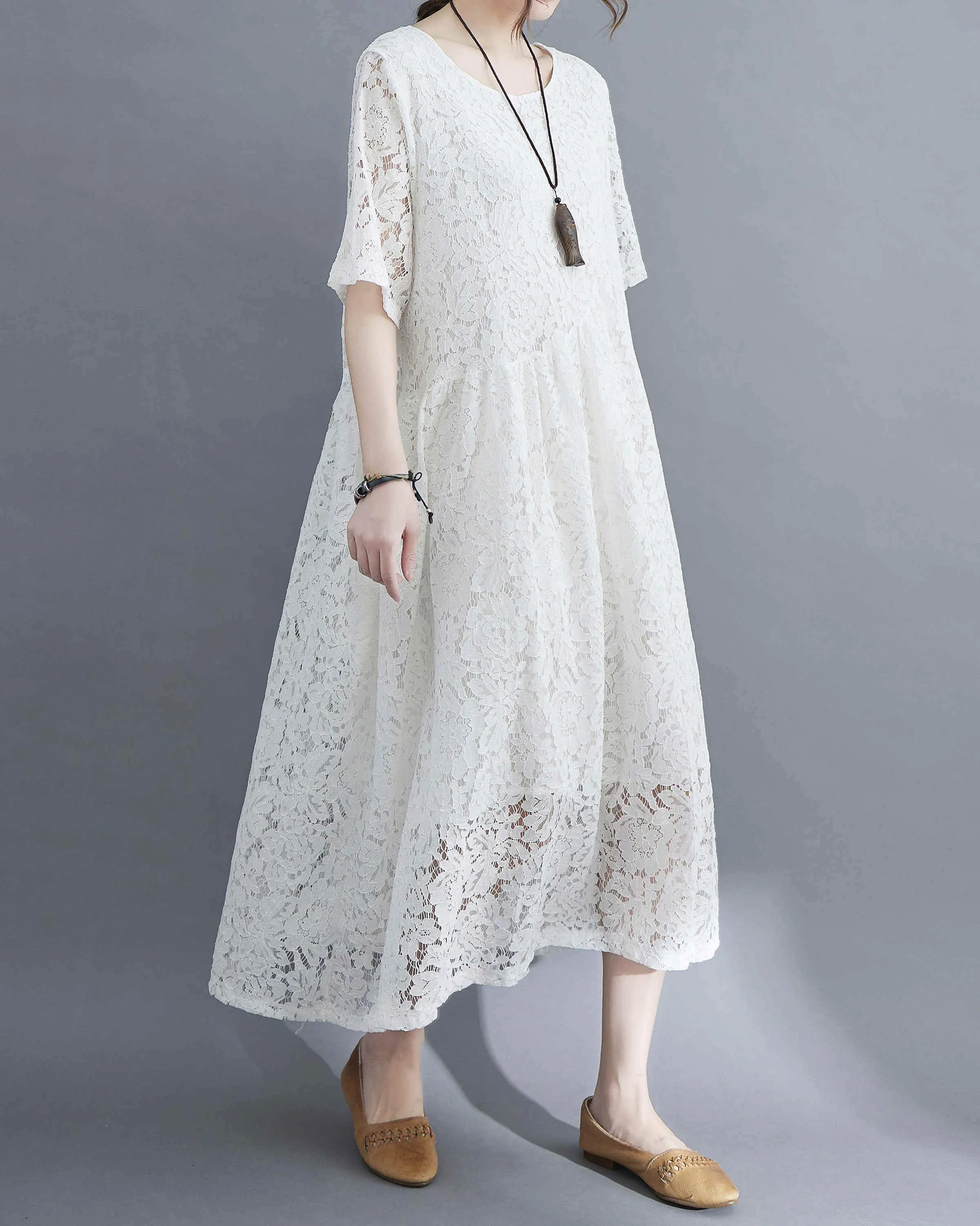 ellazhu Women Short Sleeves Crewneck Lace Dresses GA2330