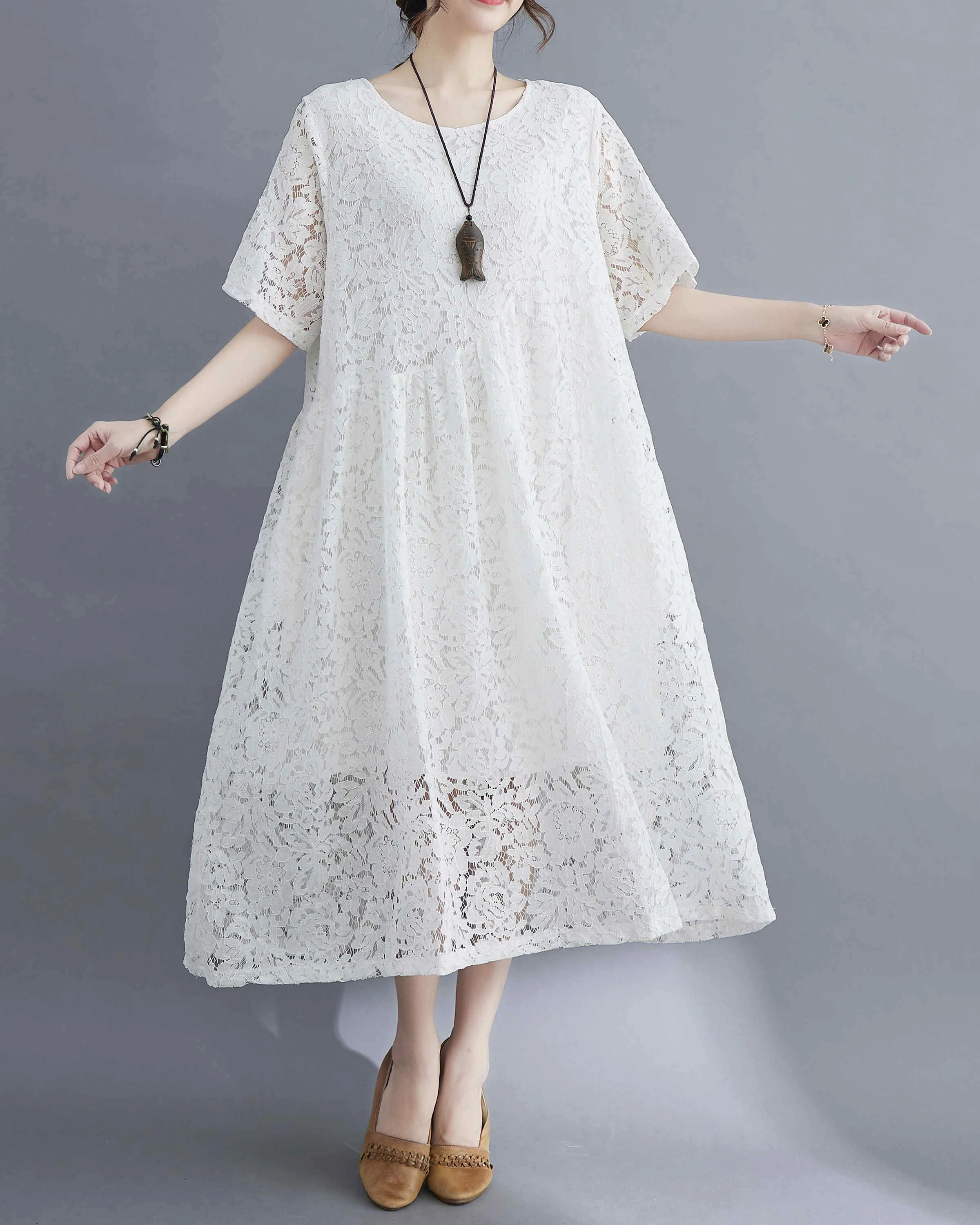ellazhu Women Short Sleeves Crewneck Lace Dresses GA2330