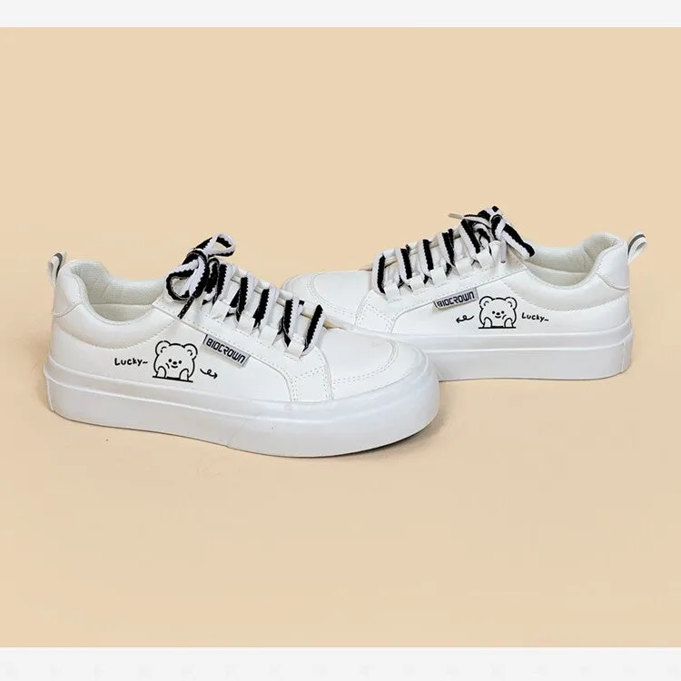 Kawaii White Simple Style Cartoon Bear Print Sneakers