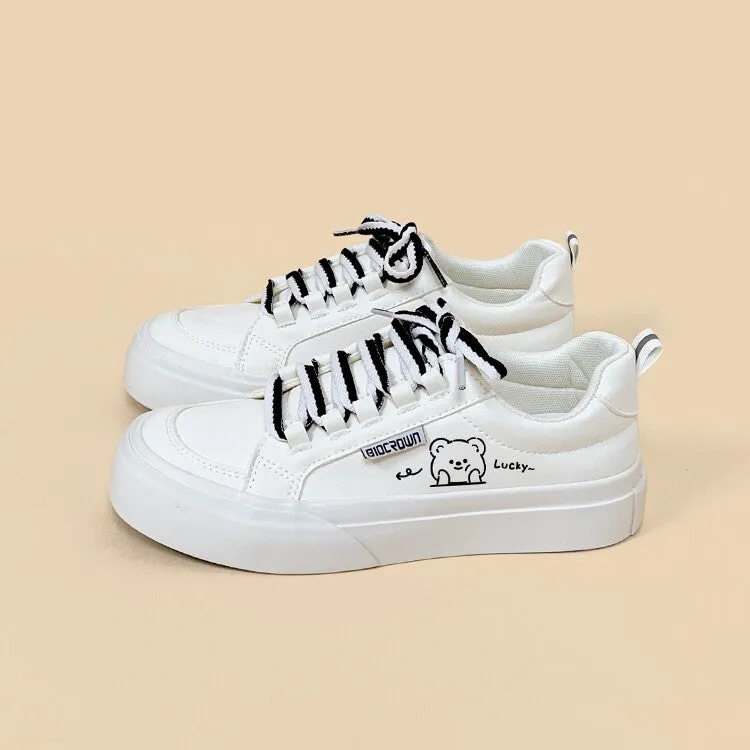 Kawaii White Simple Style Cartoon Bear Print Sneakers