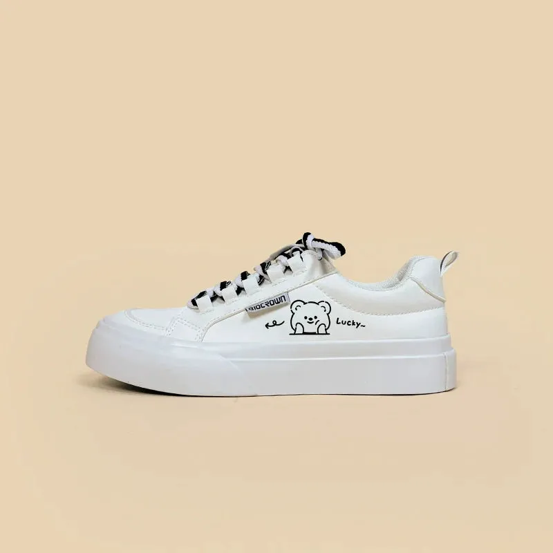 Kawaii White Simple Style Cartoon Bear Print Sneakers