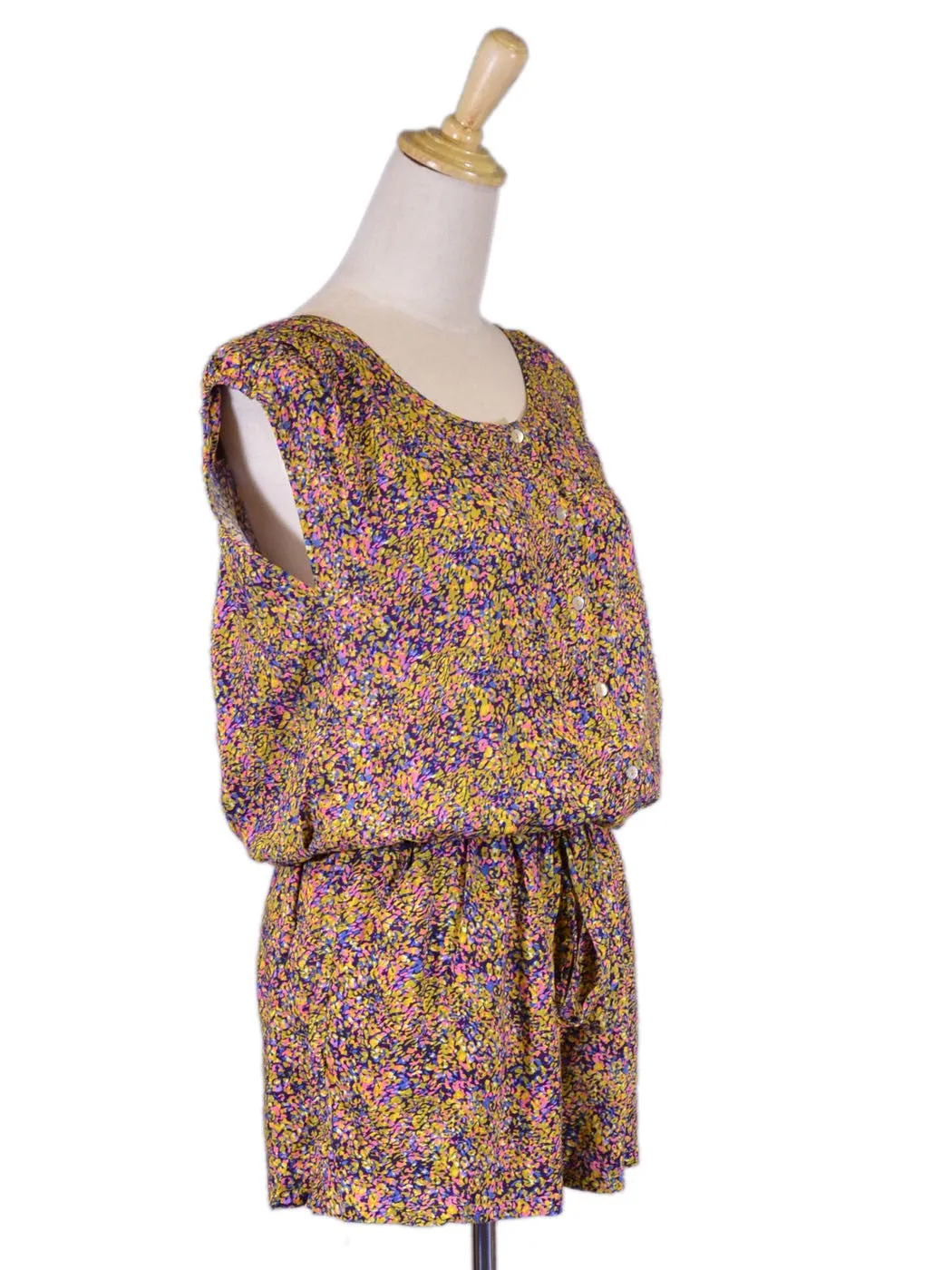 Lani Contemporary Floral Print Cap Sleeves Button Down Tie Waist Romper