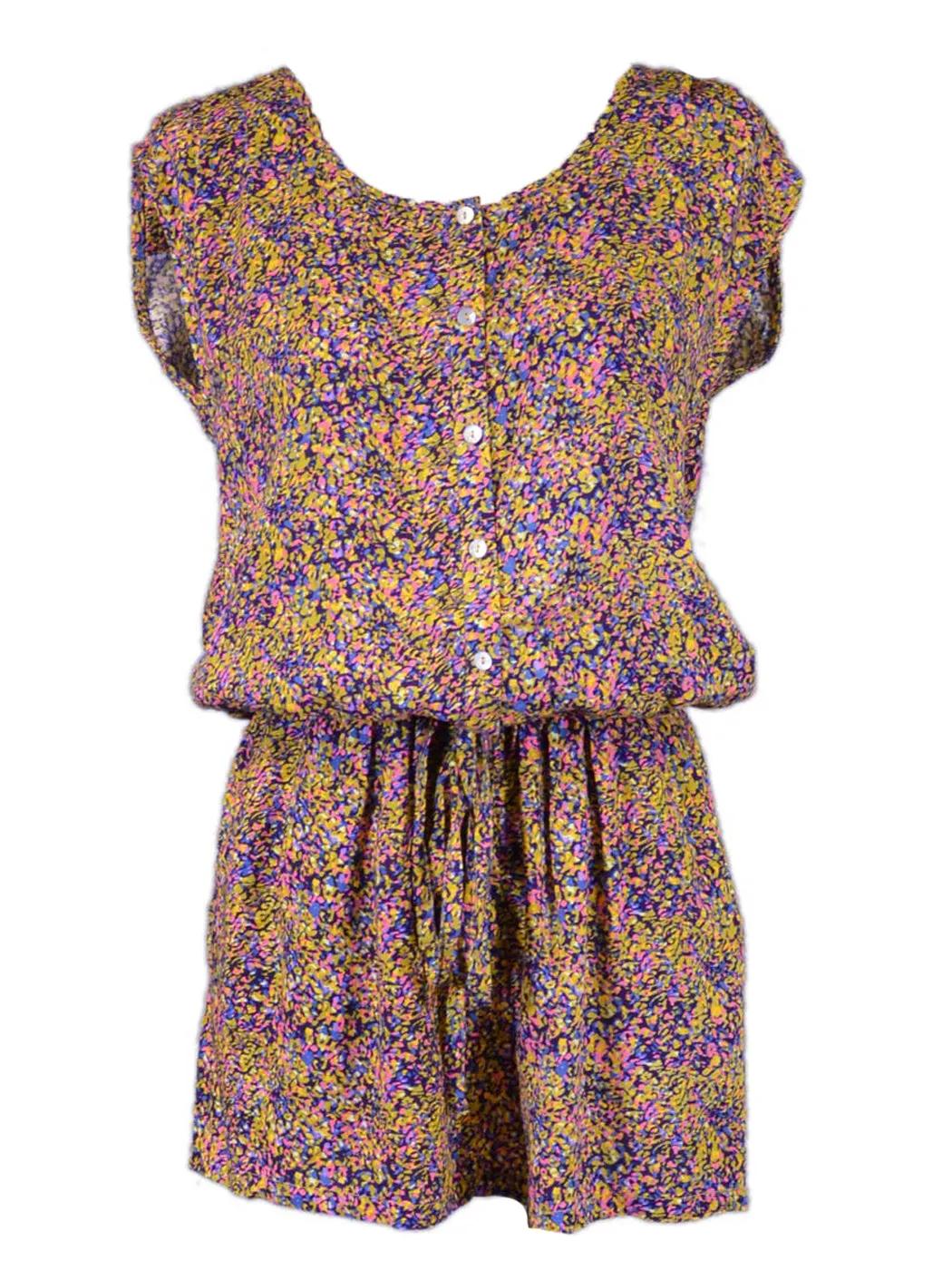 Lani Contemporary Floral Print Cap Sleeves Button Down Tie Waist Romper