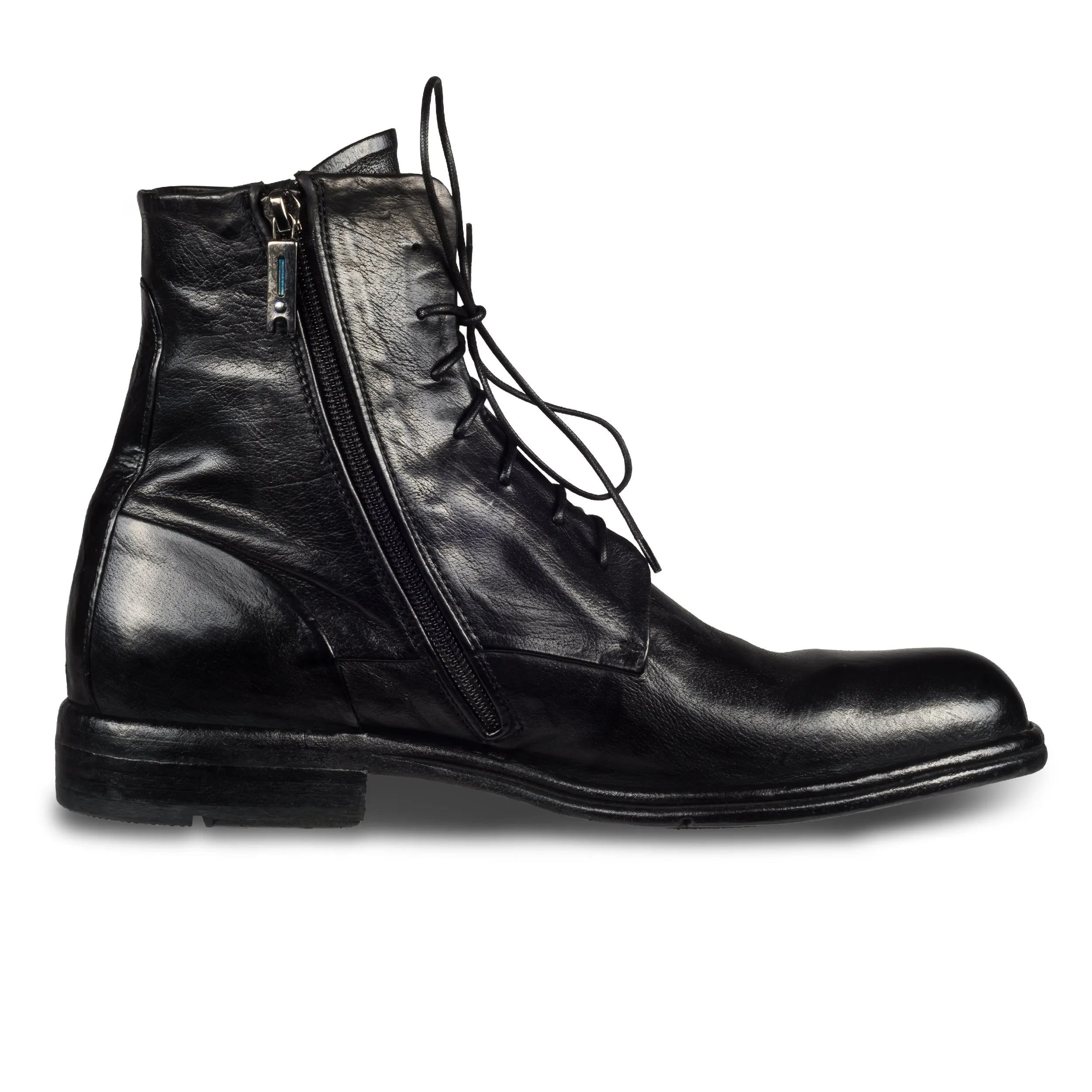 LEMARGO | Schnürstiefelette Herren mit Reißverschluß, schwarz - Kalbsleder stone-washed, handgefertigt