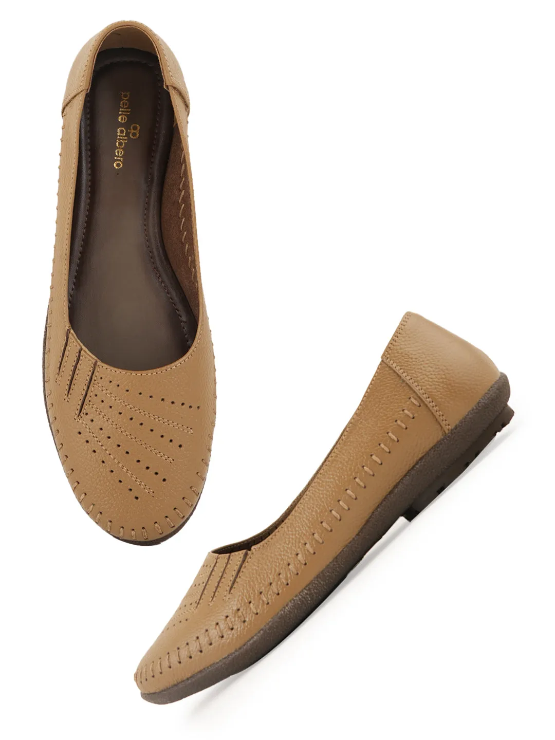 Pelle Albero Flat Beige Leather Ballerina