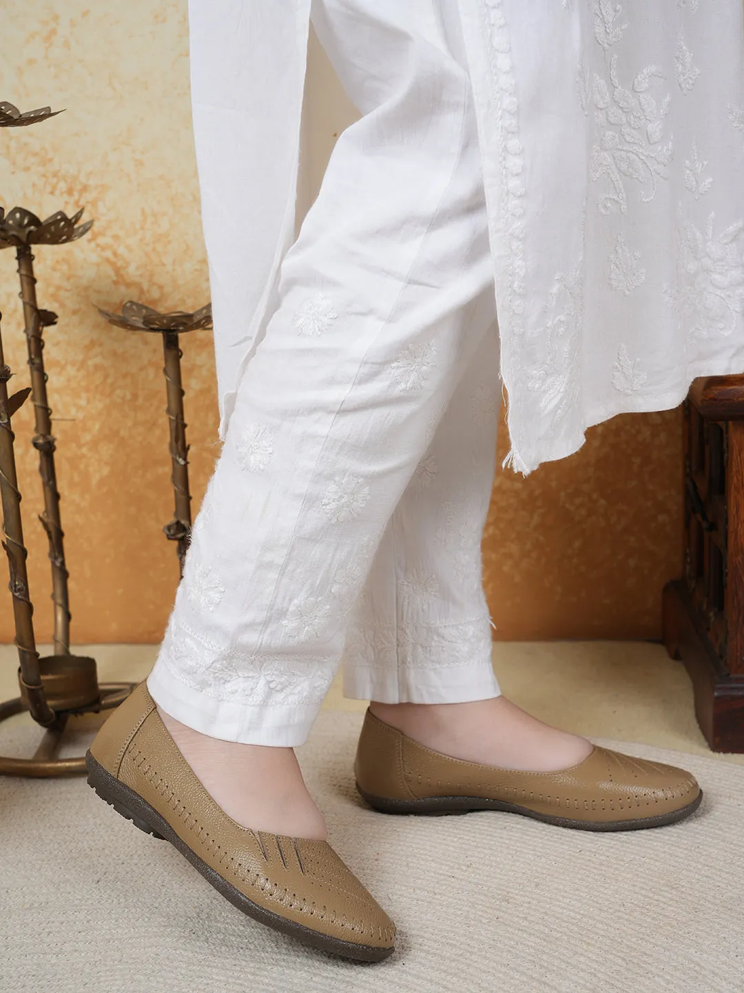 Pelle Albero Flat Beige Leather Ballerina