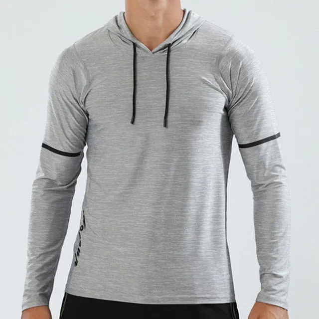 WOSEWE Sport T Shirts Men Long Sleeve hoodie Hooded Caps Comfortable Thin Fabric Anti-Sweat Workout Running Top Male Fitness Gym