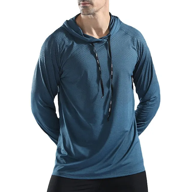 WOSEWE Sport T Shirts Men Long Sleeve hoodie Hooded Caps Comfortable Thin Fabric Anti-Sweat Workout Running Top Male Fitness Gym